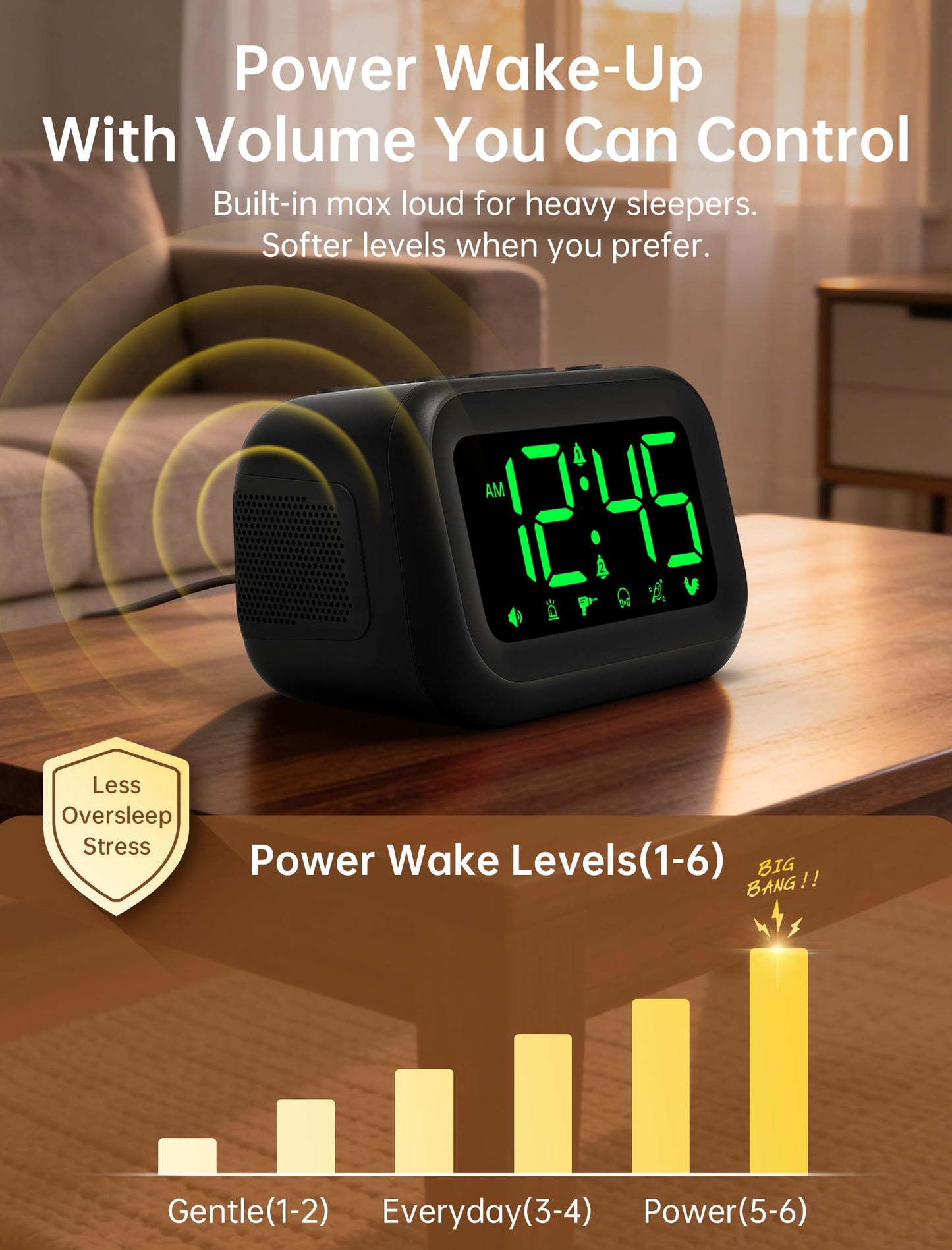 AuroraCalm Extra Loud Alarm Clock: 115dB Dual Alarms and 6 Unique Alarm Sounds for Heavy Sleepers - Adult Students for Bedroom On-Time Wake-Ups - Green Digits