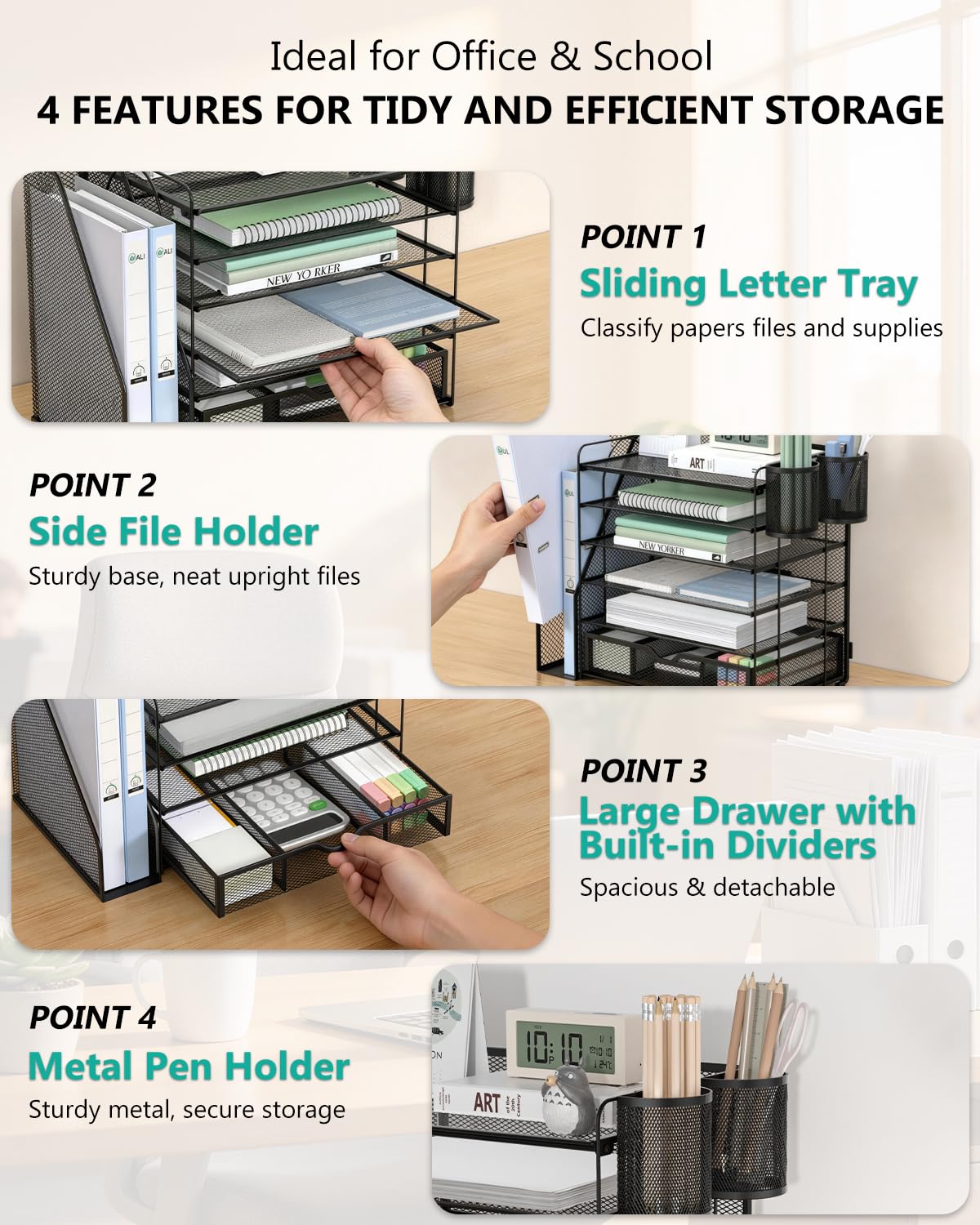 WALI Desk File Organizer, 6 Tier Desktop Paper Letter Tray Organizer with Drawer and 2 Pen Holders, Office Desk Accessories & Workspace Organizers for Office, Home Supplies(DO007DH-B), 1 Pack, Black