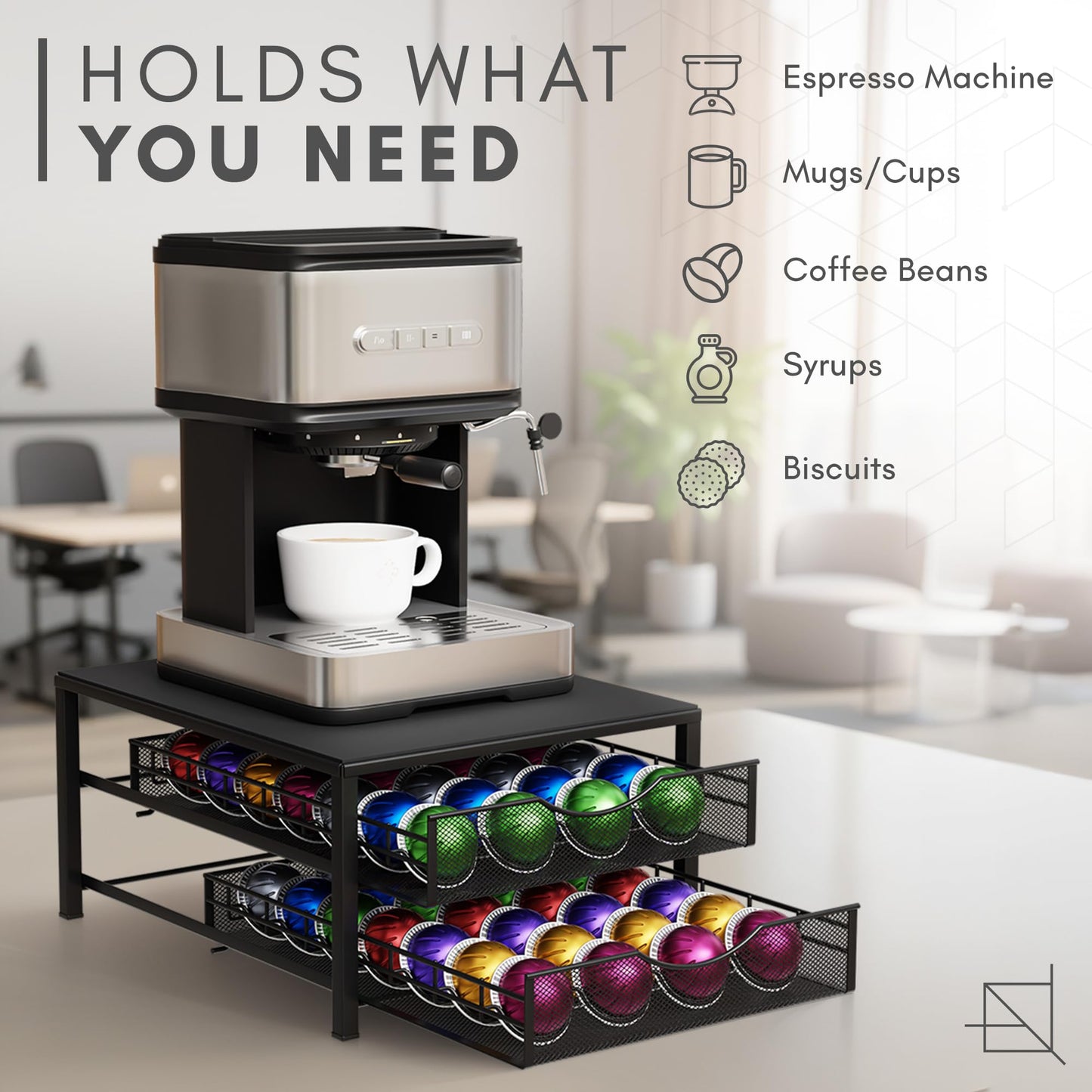 Nookaway Coffee Pod Holders Drawer - 2 Tier K-Cup Holder Drawer with 56 Pod Cap, Kcup Storage Nonslip Rubber Mat - Dual Sliding K Cup Organizer for Countertop, Nespresso Pods Holder for Home Office