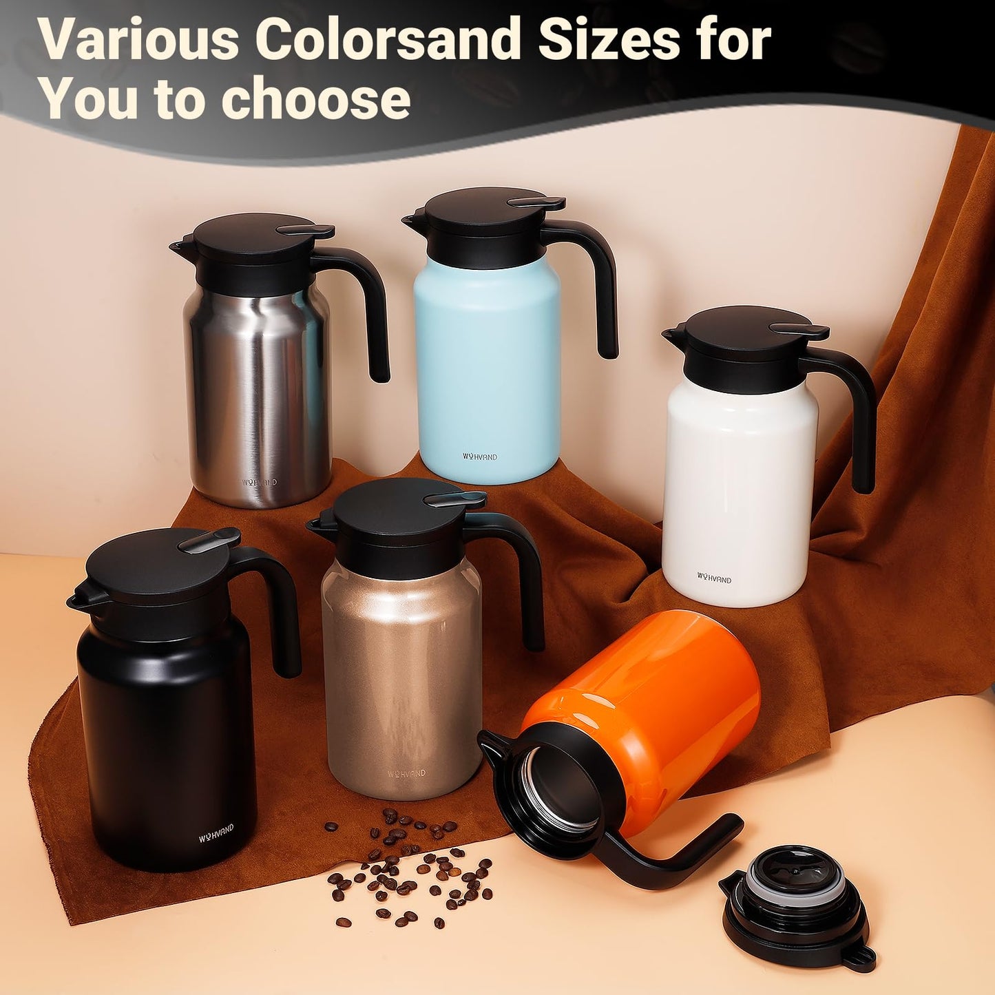 WYHVAND 51oz Thermal Coffee Carafe for Home & Office, 12H Hot Insulated Pitcher with Drip-Free V-Spout and Easy Clean 2.75" Wide Mouth, Silver