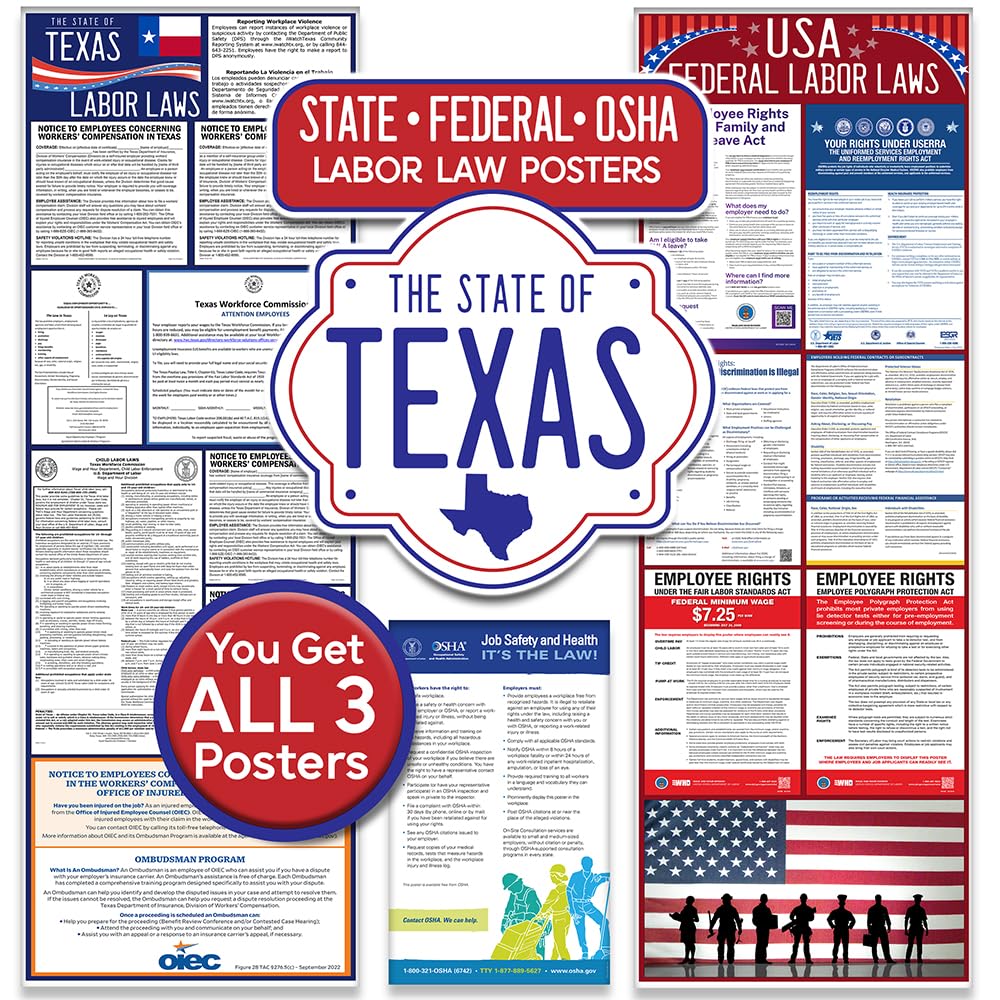 2026 All-in-One Labor Law Poster Pack of 1– Texas State Federal OSHA Compliant Workplace Posters Laminated Employee Rights Minimum Wage Sign HR Office Compliance Bulletin Board Business Regulation Set