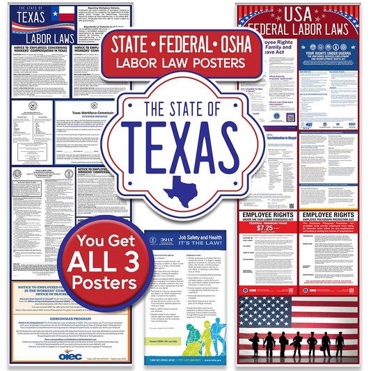 2026 All-in-One Labor Law Poster Pack of 1– Texas State Federal OSHA Compliant Workplace Posters Laminated Employee Rights Minimum Wage Sign HR Office Compliance Bulletin Board Business Regulation Set