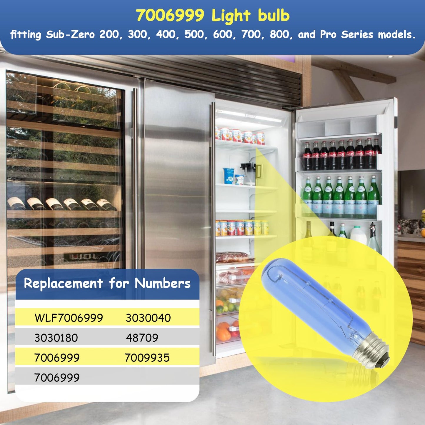 7006999 WLF7006999 Fits for Sub-Zero Compatible Blue Glass Refrigerator Light Bulb, E26 Base, 40W, A15 Shape For Replacement Light bulb 3030040 3030180 48709 7009935 110V-130V ﻿ (4 packs)