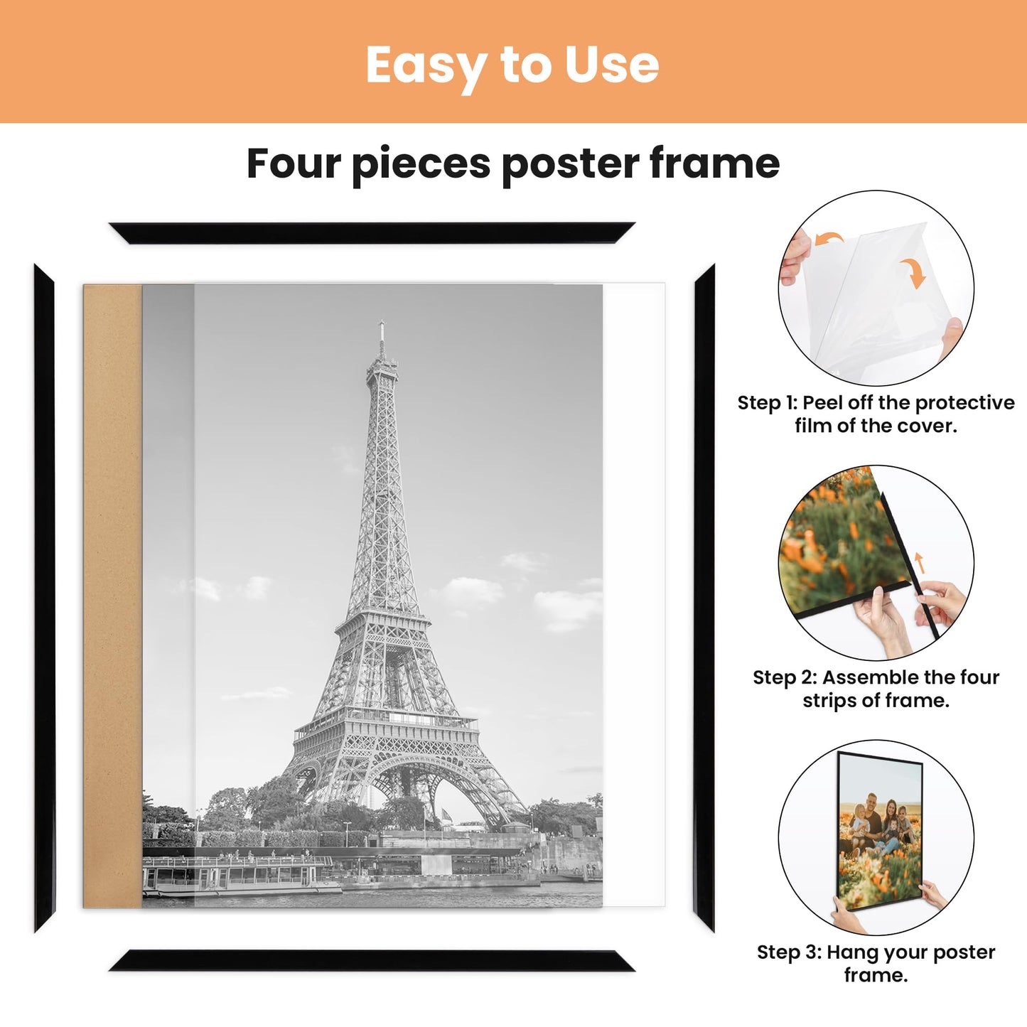 upsimples 24x36 Poster Frame Black 3 Pack, Scratch-Proof Picture Frames 24 x 36 for Photo Gallery - Slide-In Strips, Horizontal or Vertical Wall Mounting