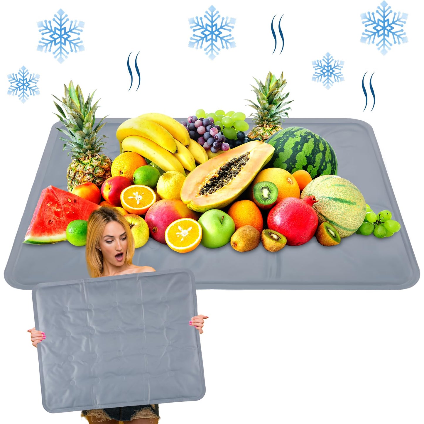 Reallnaive 2 Pcs Reusable Freezable Ice Mat for Buffet Table Chilled Serving Tray Party 19.69 x 15.75 Inches Charcuterie Cooler Cooling Trays for Food, Cheese(Gray)