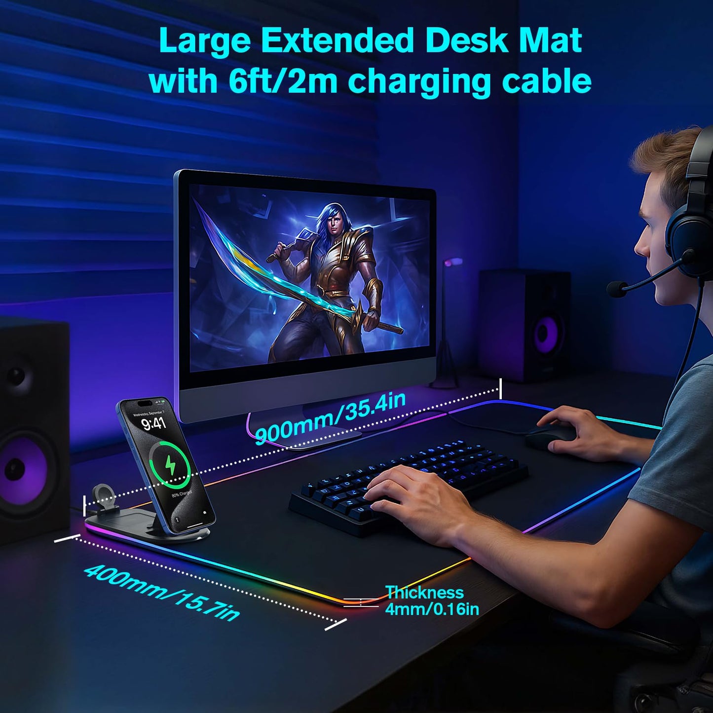 ELUTENG 4-in-1 RGB Gaming Mouse Pad with Phone Holder, Wireless Charging Desk Mat, Waterproof Ultra-Smooth Large Keyboard Pad, Non-Slip Base Home Office Desk Mat 35.43"x15.75"