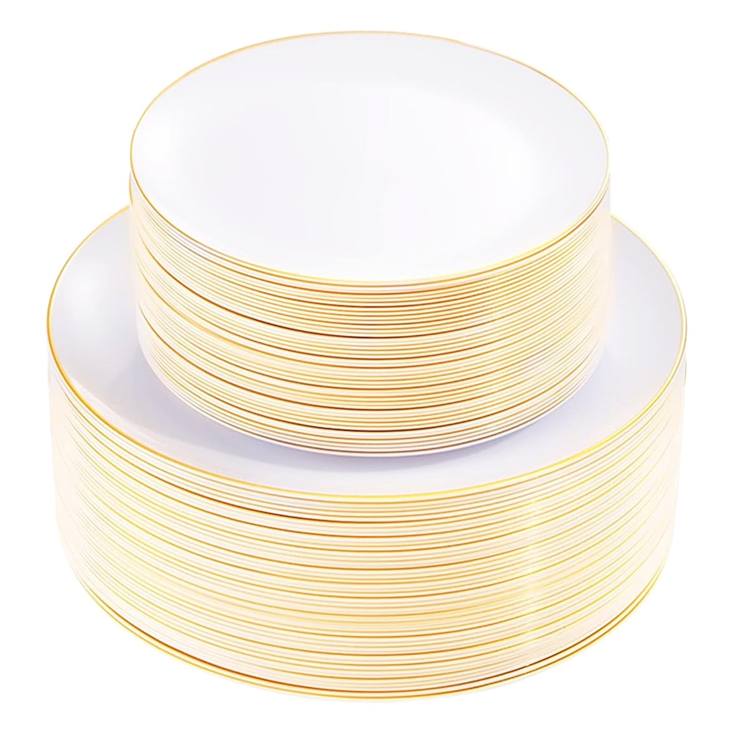 KIRE 100PCS Disposable Plates - White with Gold Rim Plastic Plates - Includes 50Pieces 10.25inch Dinner and 50Pieces 7.5inch Dessert/Salad Plate for Wedding/Spring Party/Graduation