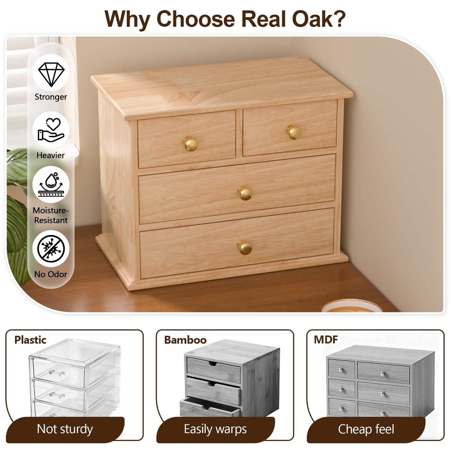 Oak Desk Organizer with Drawers, Durable Wooden Desktop Storage Box with Metal Handles & Non-Slip Silicone Pads, 4 Drawer Tabletop Organizer for Office, Bedroom, Bathroom, Vanity, Makeup – Natural Oak