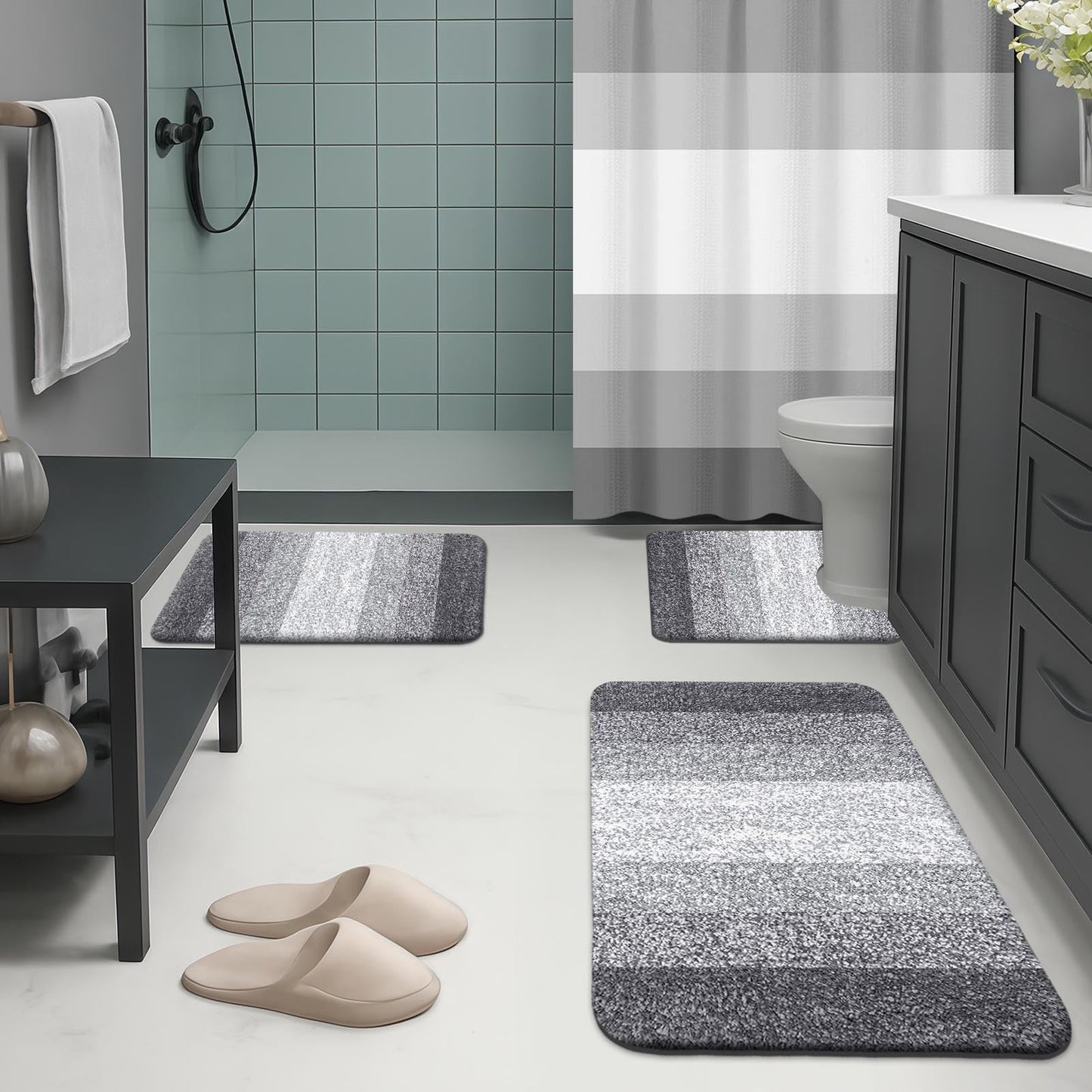 Britimes Grey Stripes Bathroom Sets with Shower Curtain and Rugs, Ombre Modern Minimalist Striped Waterproof Shower Curtain Liner and Soft Non Slip Bath Mat for Bathroom Decor and Accessories Hooks