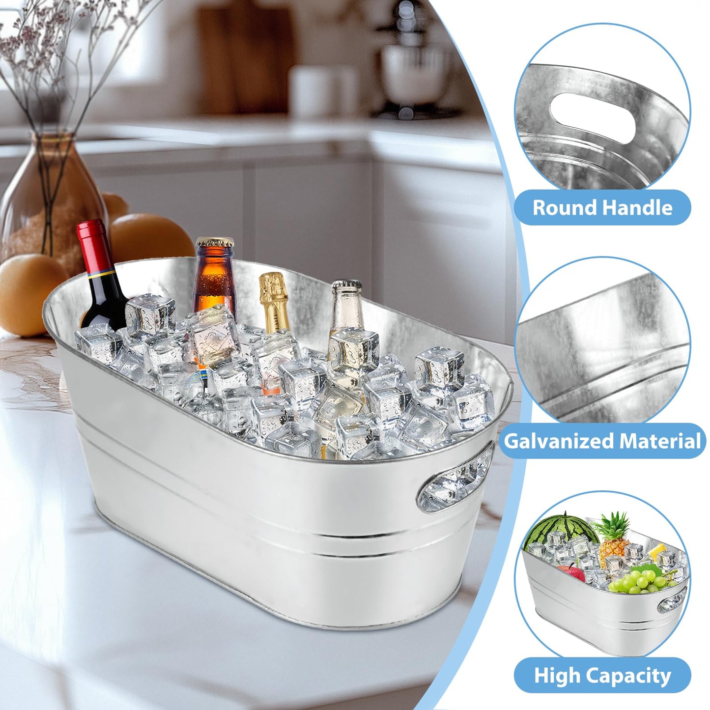 MIVIDE 4 Pack Galvanized Tub 3.3 Gallon Ice Bucket Large Metal Champagne Drink Bucket with Handles Galvanized Ice Buckets for Parties Mimosa Bar Cocktail Bar