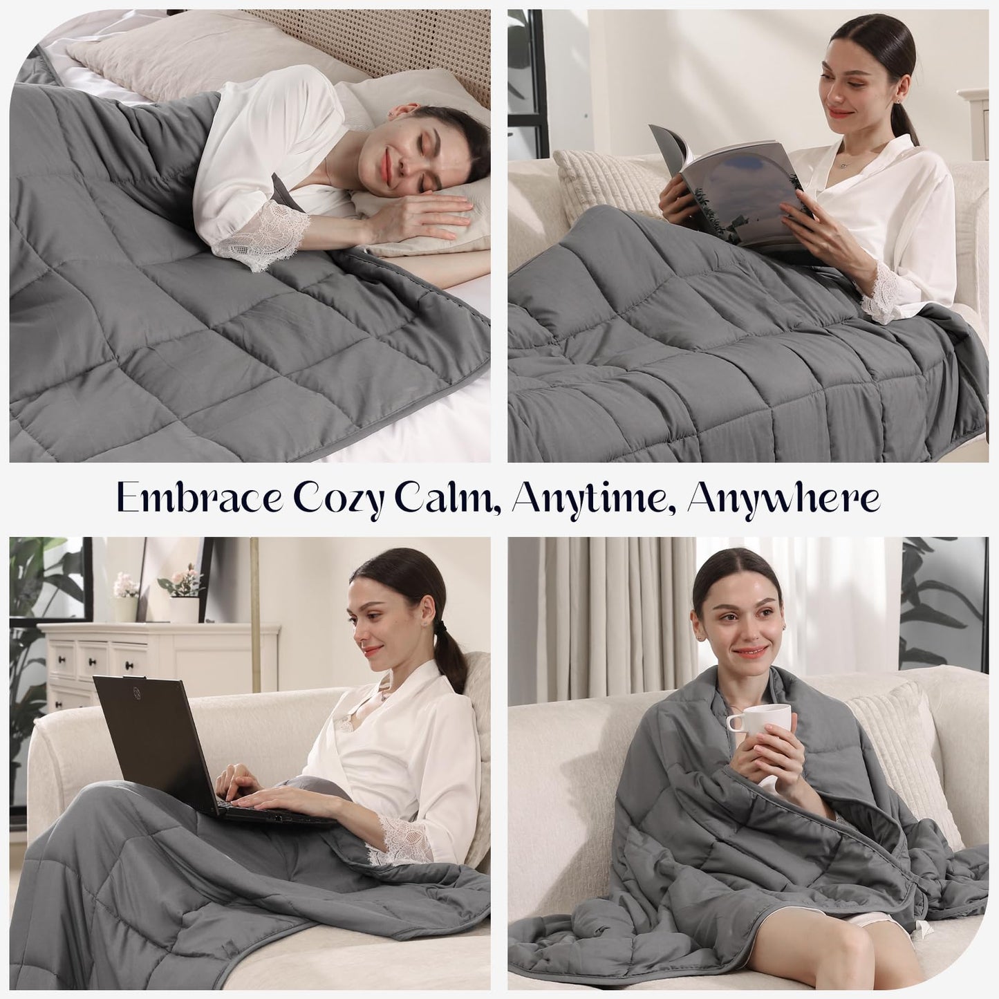 Smart Queen Weighted Blanket 15lbs (48”x72”,Grey) Twin Size Soft Cooling Heavy Blanket for Sleeping, Breathable All Season Comfort with Premium Glass Beads,Machine Washable