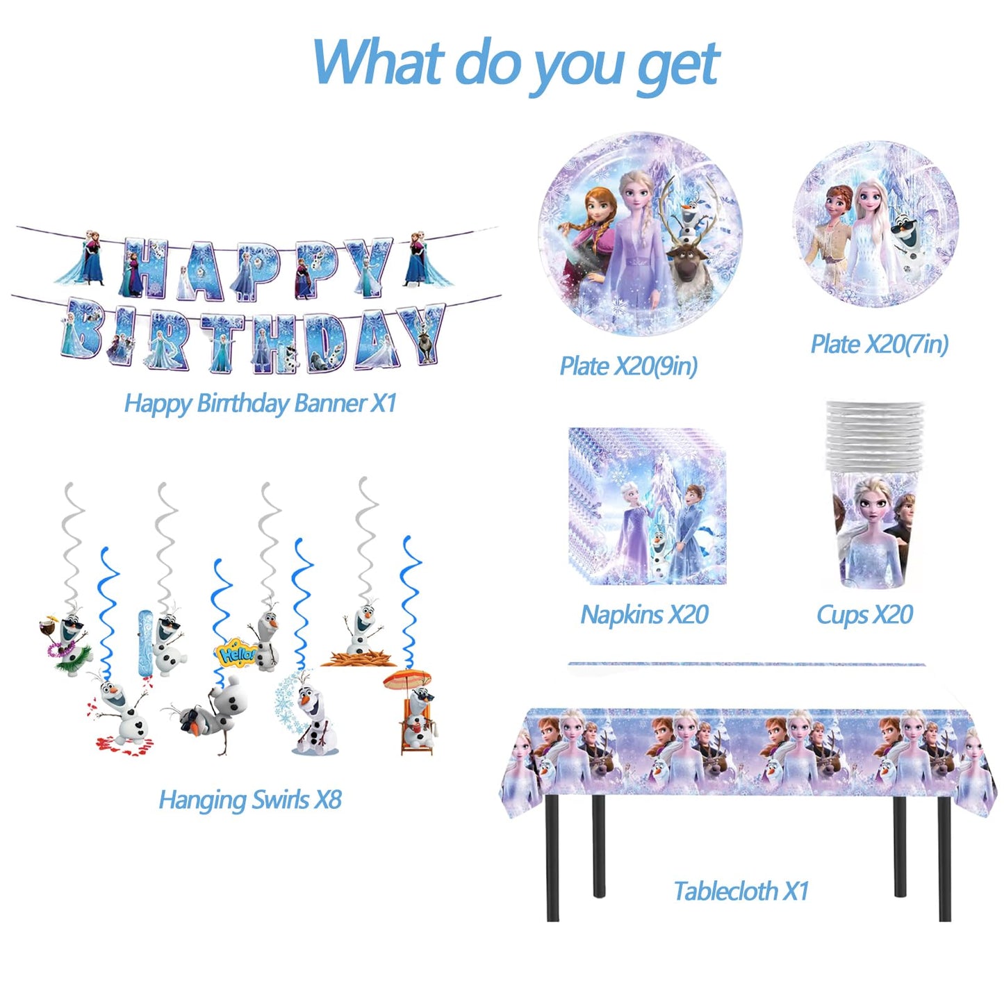 90 Psc Frozen Birthday Party Supplies Set, Pink Theme, with Banner, Plates, Cups, Utensils, Napkins, Tablecloth