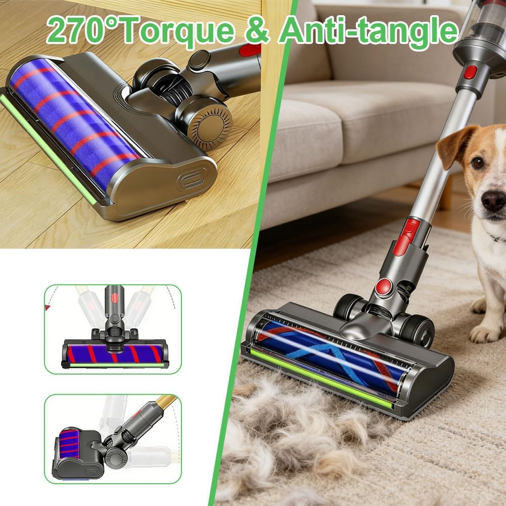 Replacement Head Parts for V7/V8/V10/V11/V15, 270° Torque & Anti-Tangle Motor-Driven Brush Roll with LED Light Dust Detection, Quick-Release Head Attachments for Carpets, Hardwood Floors & Tiles