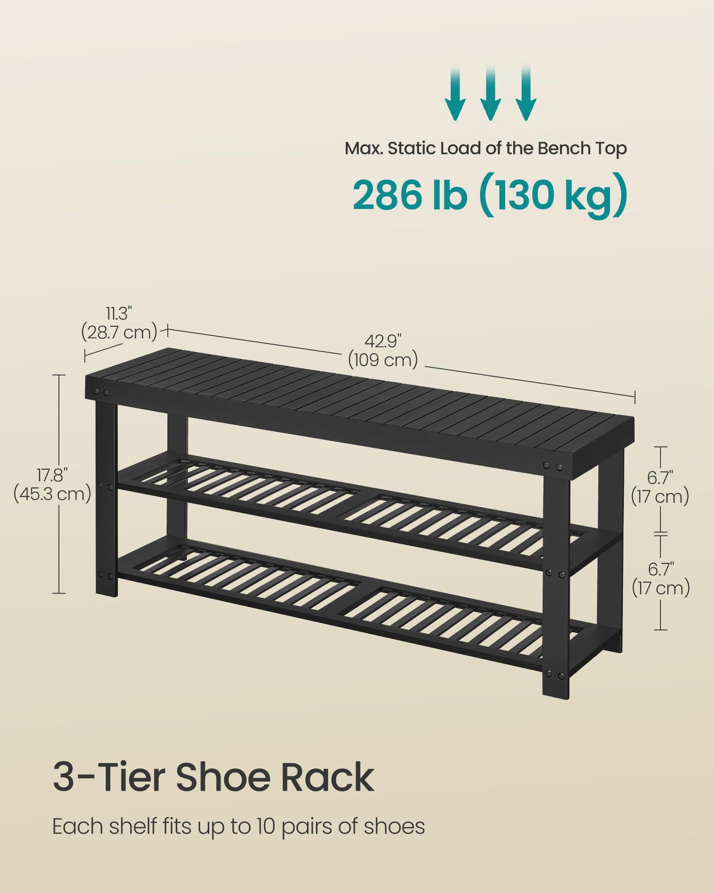 SONGMICS Shoe Rack Bench, 3-Tier Bamboo Shoe Storage Organizer, Entryway Bench, Holds Up to 286 lb, 11.3 x 42.9 x 17.8 Inches, for Entryway Bathroom Bedroom, Ink Black ULBS110B101