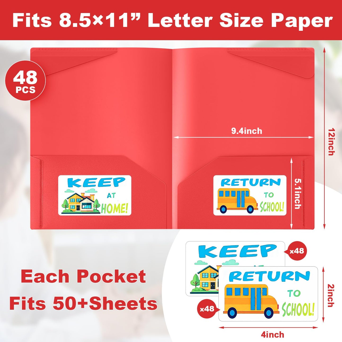 Henoyso 48 Pack Take Home Folders with 2 Pockets and Tabs, Plastic Classroom Communication Homework Folder School-to-Home with Clear Front Pocket for Students Parent Teacher Connector (Red)