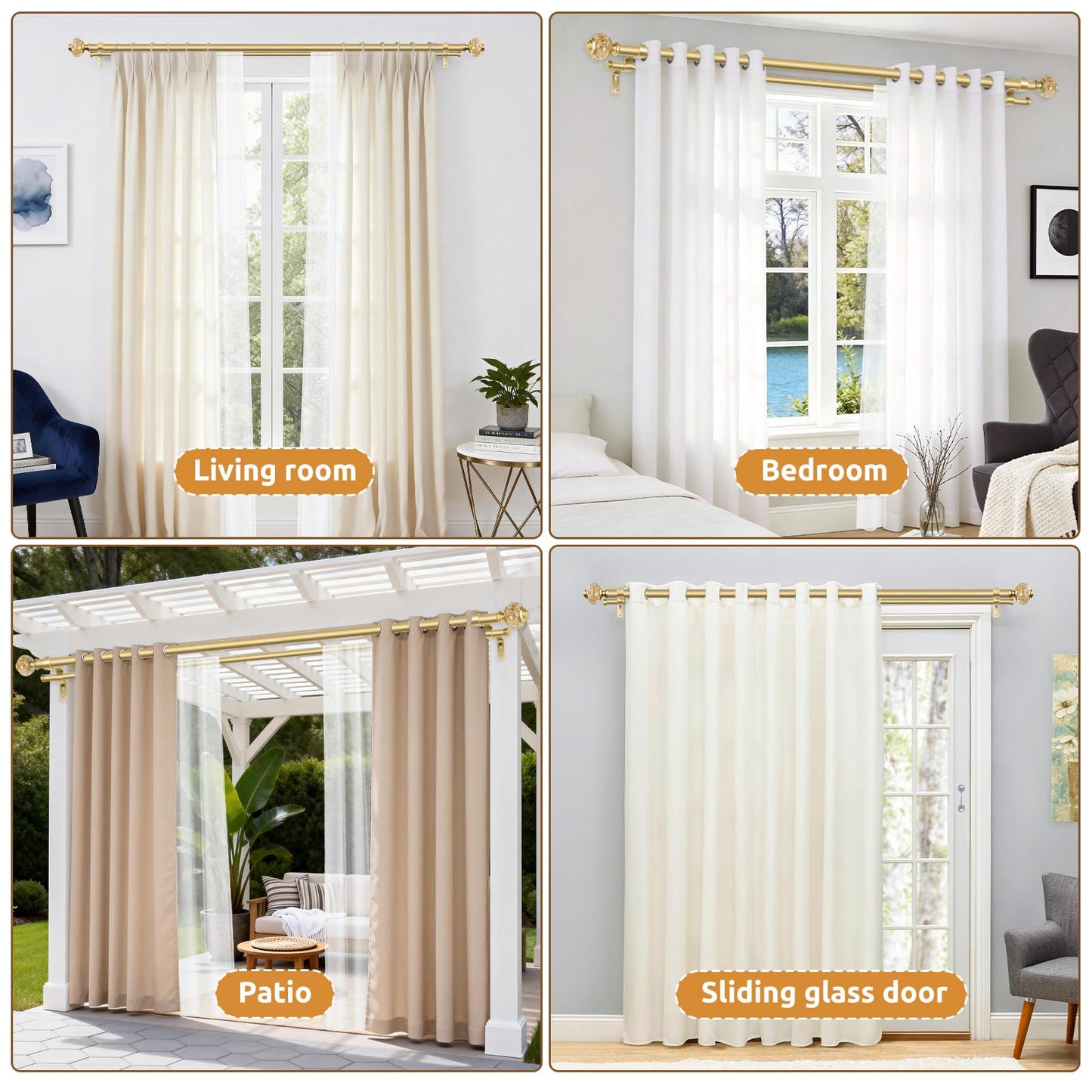 1 Inch Luxury Gold Double Curtain Rods for Windows 66 to 120 Inches(5.5-10ft), USFOOK Adjustable Heavy Duty Drapery Rods, Telescoping Dual Curtain Rod with Translucent Finials, Wall Mounted