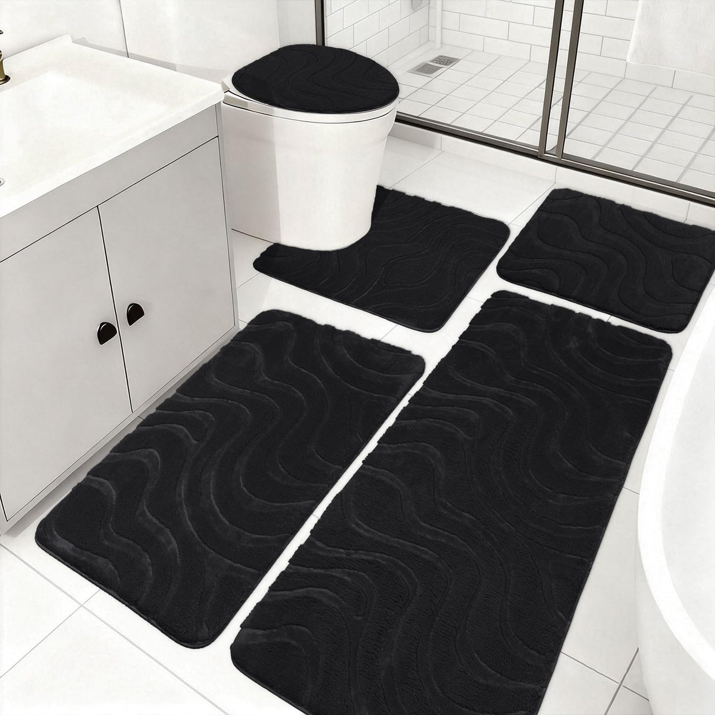 Aqzuxira Bathroom Rug Sets 5 Piece, Ultra Soft Absorbent Non-Slip Plush Bath Mats, Includes Toilet Cover, Bath Runner and U-Shaped Contour Toilet Rug, Machine Washable, Black