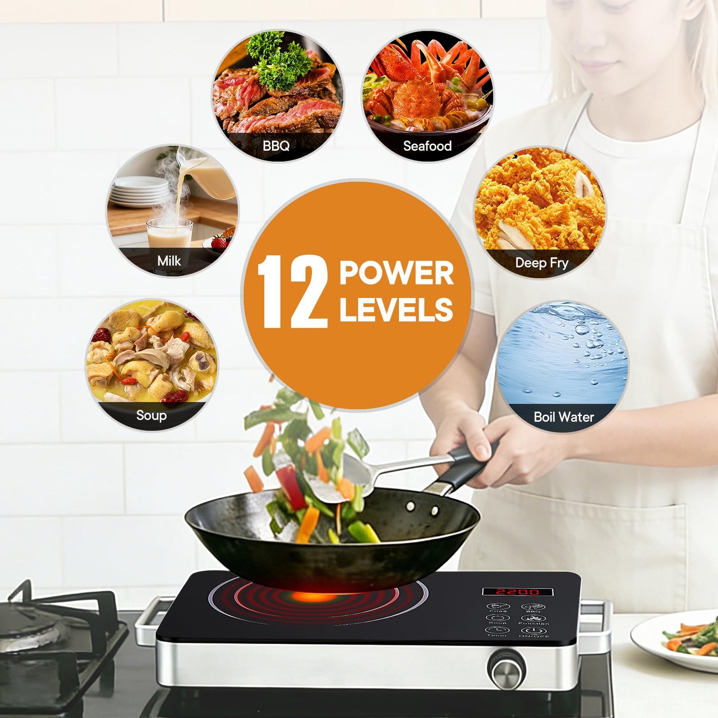 Daoseolo 1800W Portable Electric Stove 4-Hour Timer Electric Heating Plate Surface Touch and Knob Controls 12-Level Power Temperature Adjustment Compatible with All Flat-Bottom Cookware