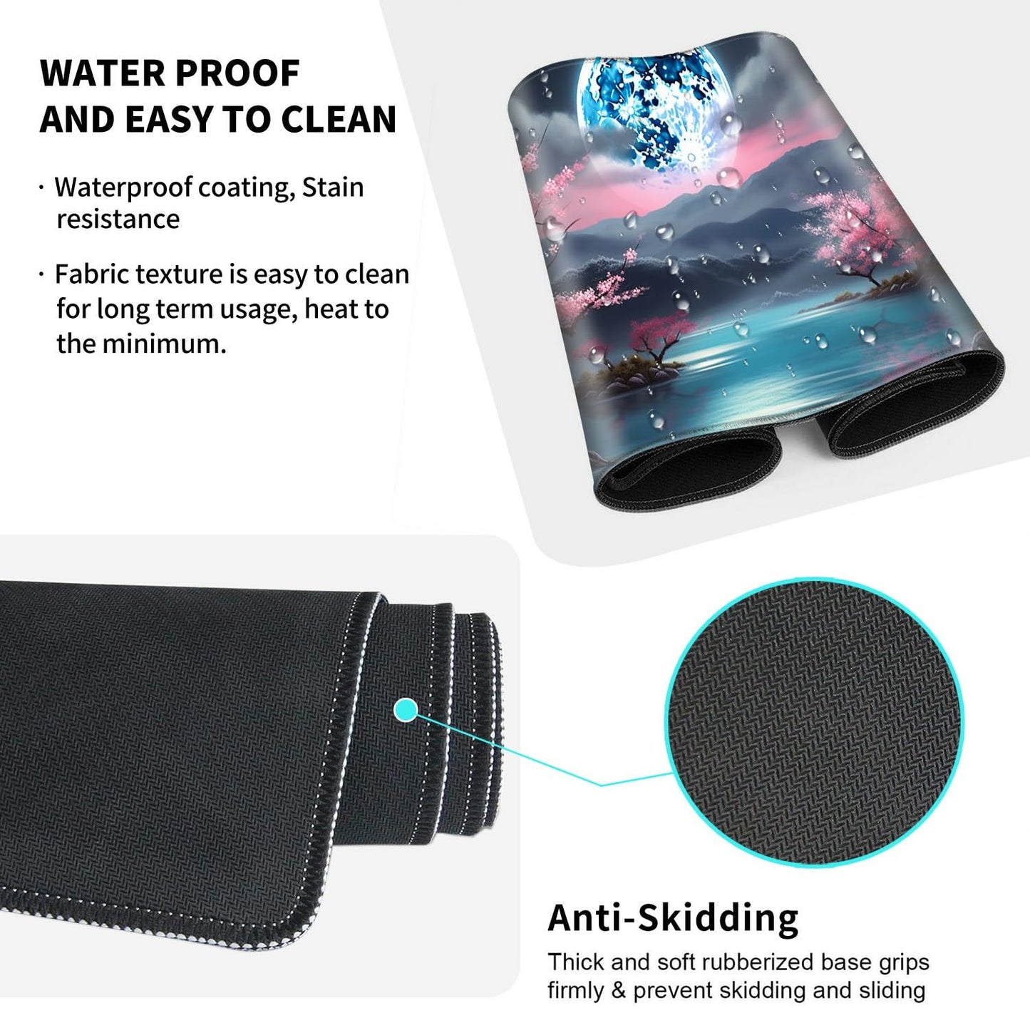 Large Gaming Mouse Pad+Memory Foam Ergonomic Keyboard Wrist Rest Support+Wrist Rest+Coaster, Extended Desk Pad Set, Stitched Edge Non Slip Desk Mat 4PC for Office & Home, Moon Cherry Blossom