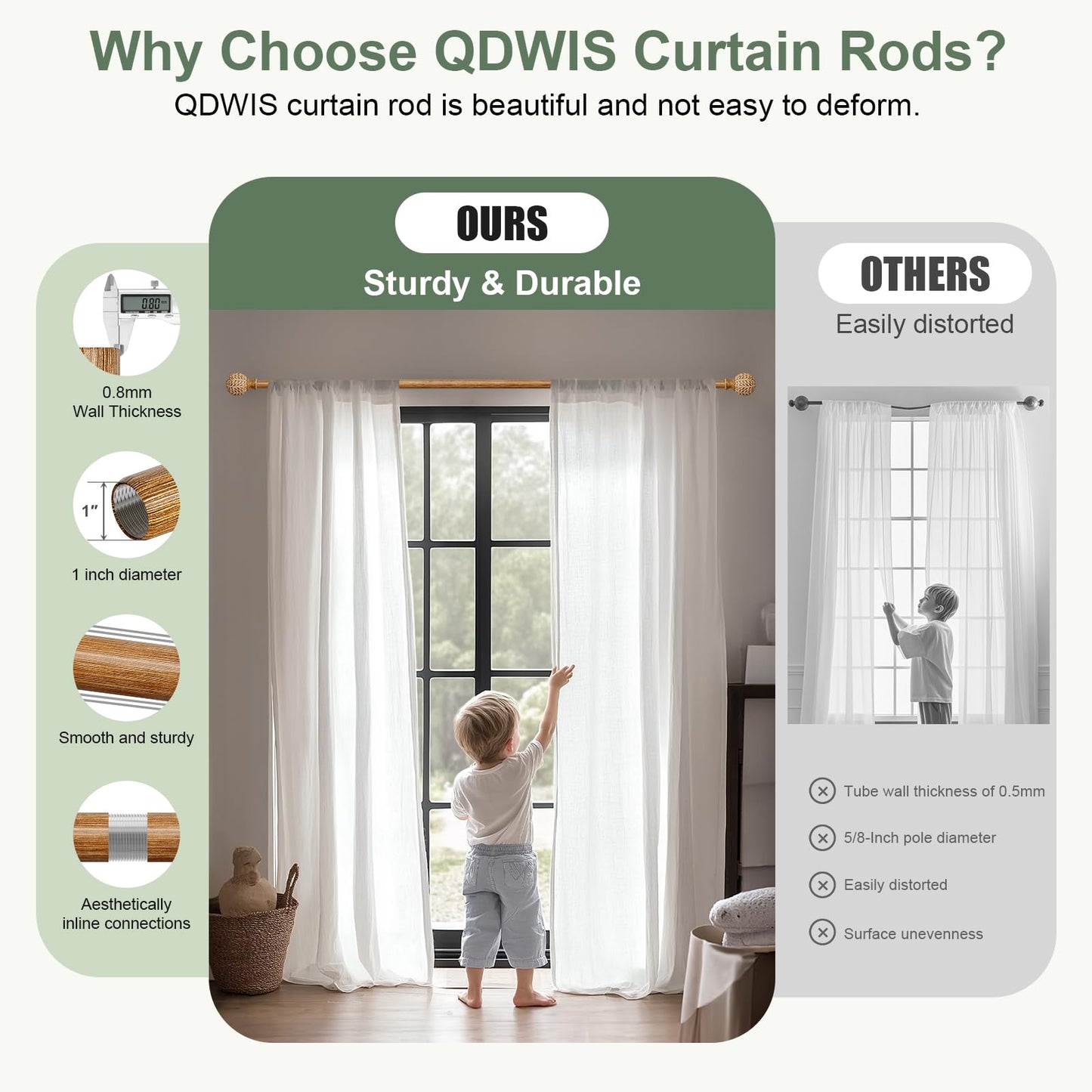 QDWIS 2 Pack Wood Curtain Rods for Windows 28 to 48 Inch,1'' Diameter Drapery Rods with Imitation Wood Grain Leaf Pattern Finials,Boho Adjustable Heavy Duty Curtain Rods Set,18-60'',Color:Natural Wood