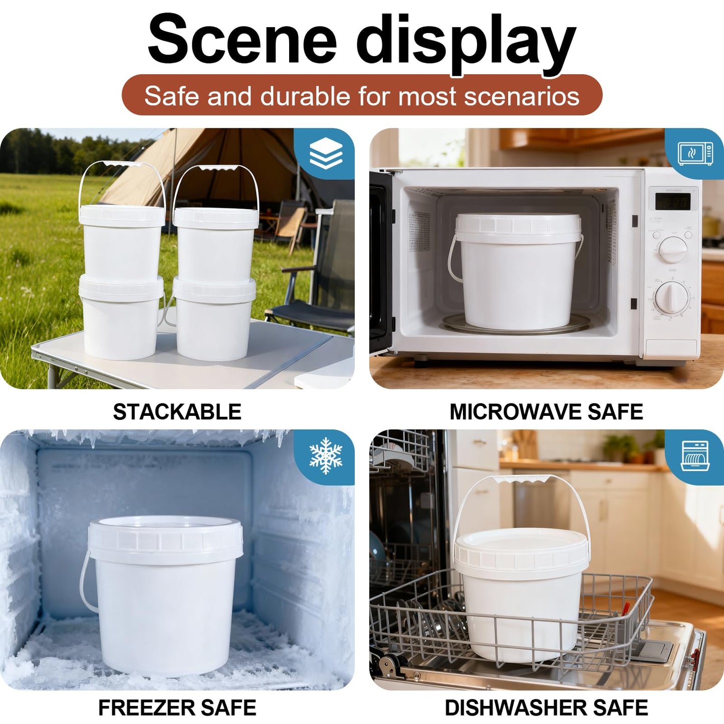 UMETASS 4 Pack 1 Gallon Plastic Buckets with Screw Lids & Handle, Food Grade Storage Containers for Kitchen, Freezer - Reusable White Plastic Bucket Set