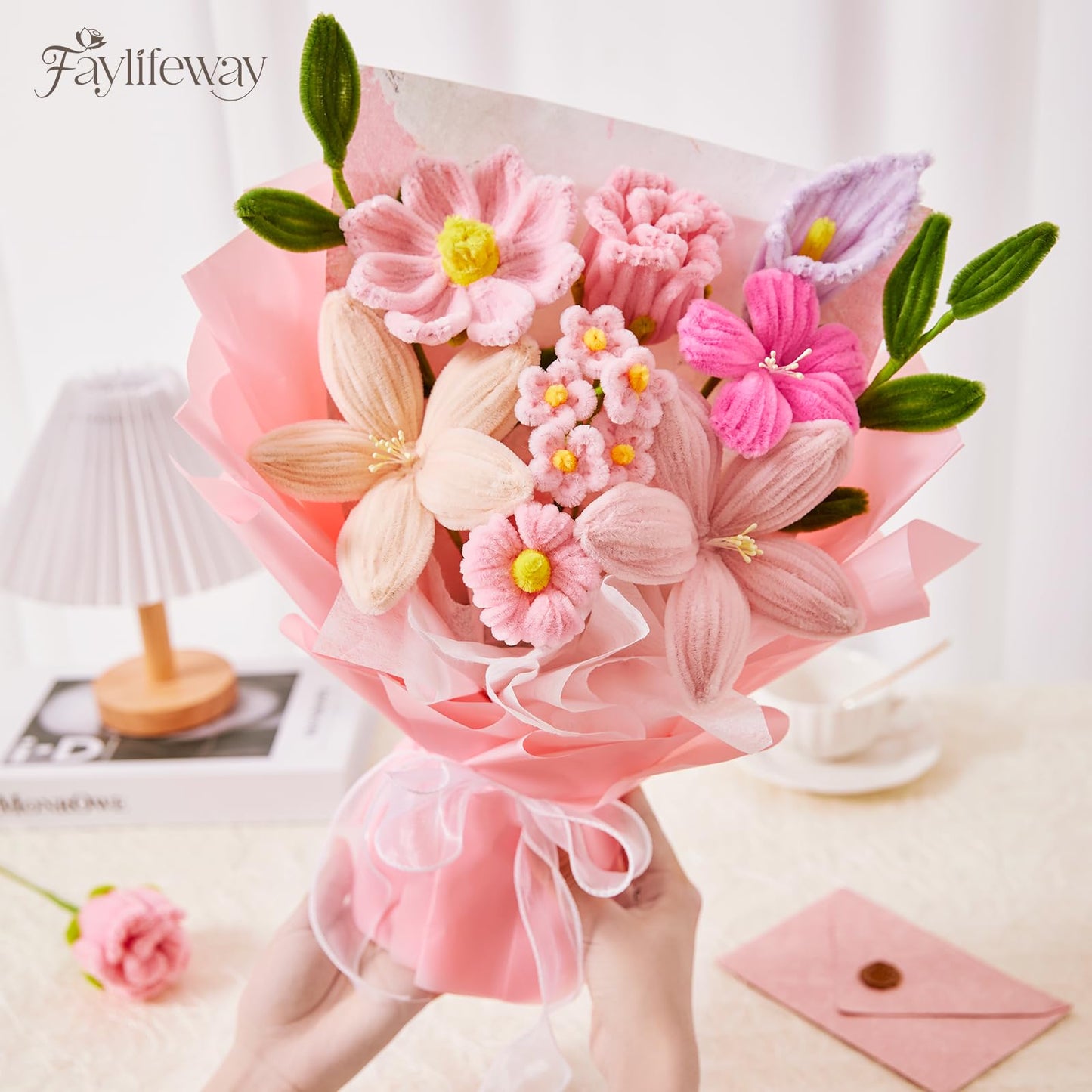 Faylifeway Pipe Cleaner Flower Bouquet Already Made, Pink Chenille Stem Flowers, Flower Bouquet for Mom Women, Birthday Anniversary Graduation Gift(Include Card)
