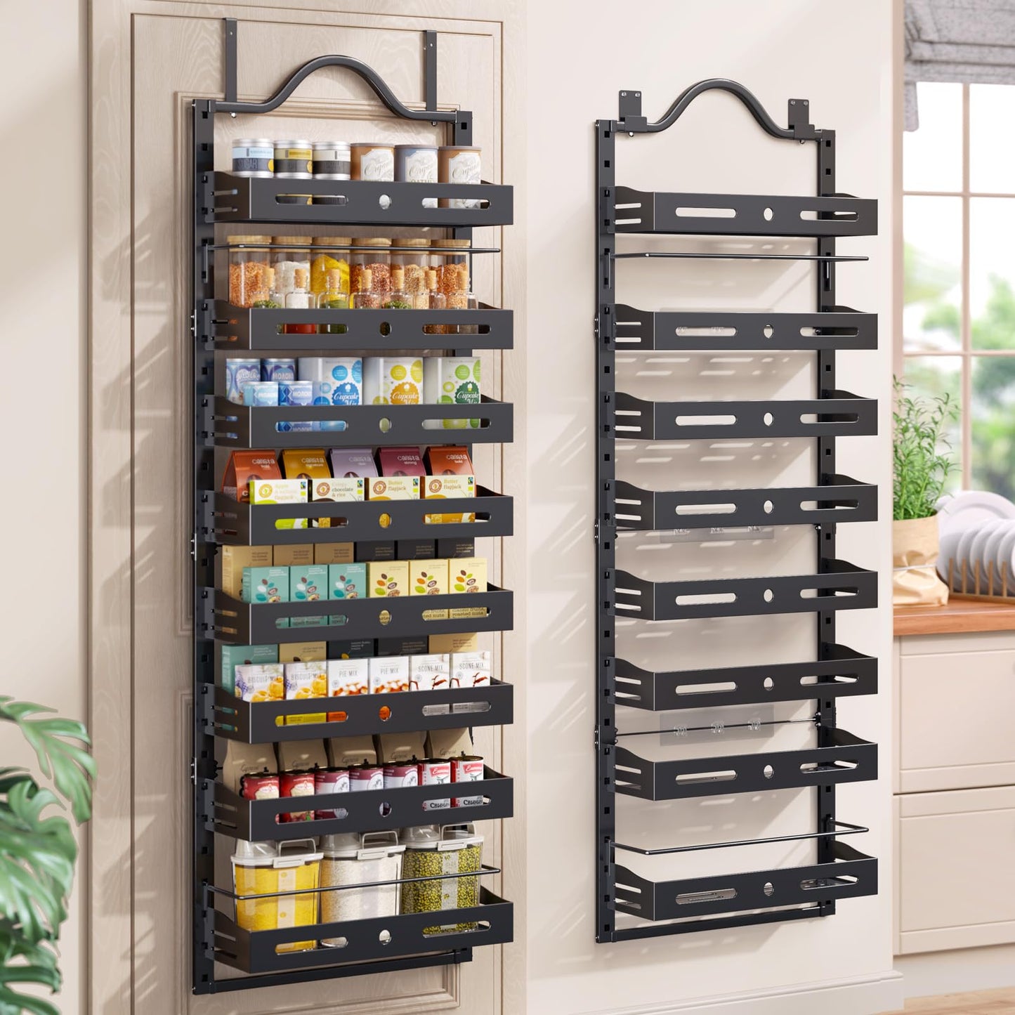 Freexployer 8-Tier Over The Door Pantry Organizer, Large 2 IN 1 Wall Mount or Hanging Spice Rack, Pantry Door Organizer and Storage with Adjustable Basket, Door Spice Rack for Pantry, Black