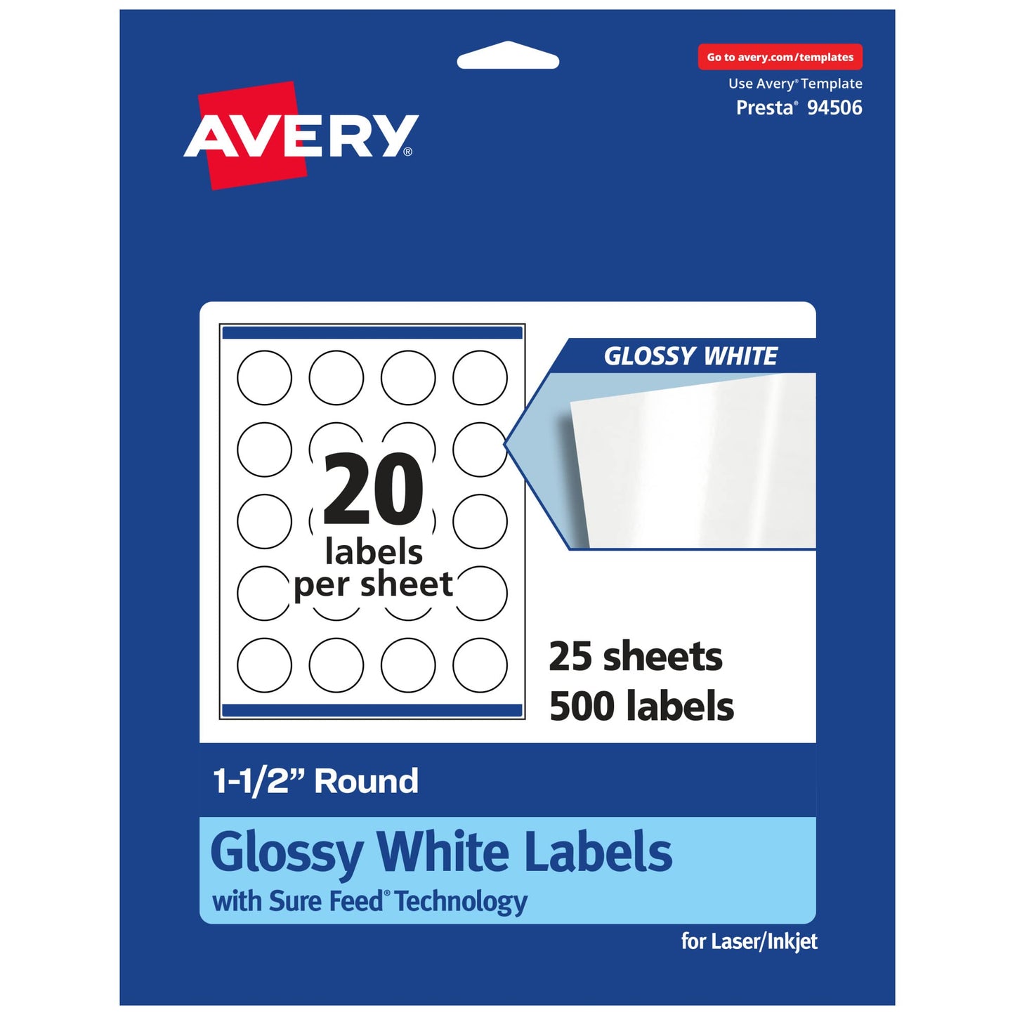 Avery Round Labels, Sure Feed Technology, 1.5" Diameter, 500 Glossy White Labels (36492)