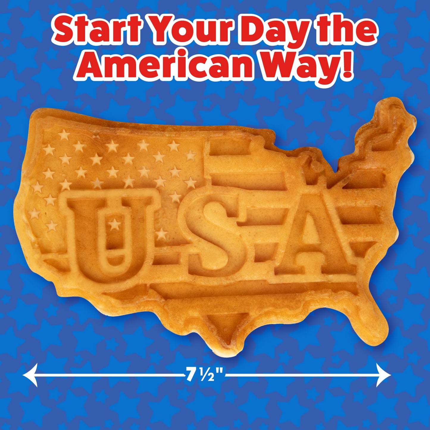 Great American USA Waffle Maker- 4th of July Must Have- Giant 7.5" Patriotic Waffles Pancakes- Electric Nonstick Waffler Iron- America Spirit Party, Summer Breakfast Baker w Recipes- Dad Novelty Gift