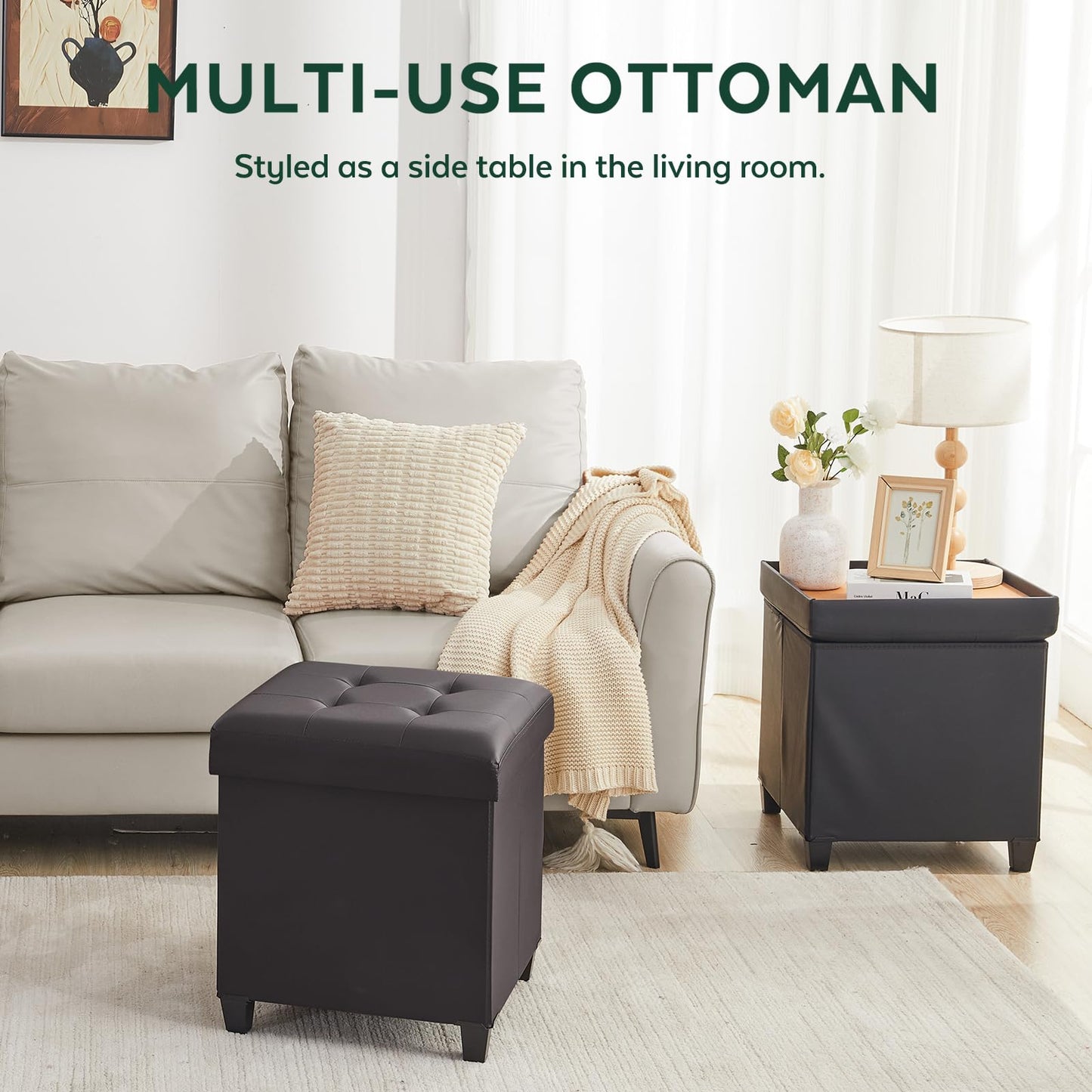 FIMIVIBI 17.7" Ottoman with Storage, Square Storage Ottoman for Dorm, Faux Leather Ottomans with Legs for Living Room, Bedroom, Black