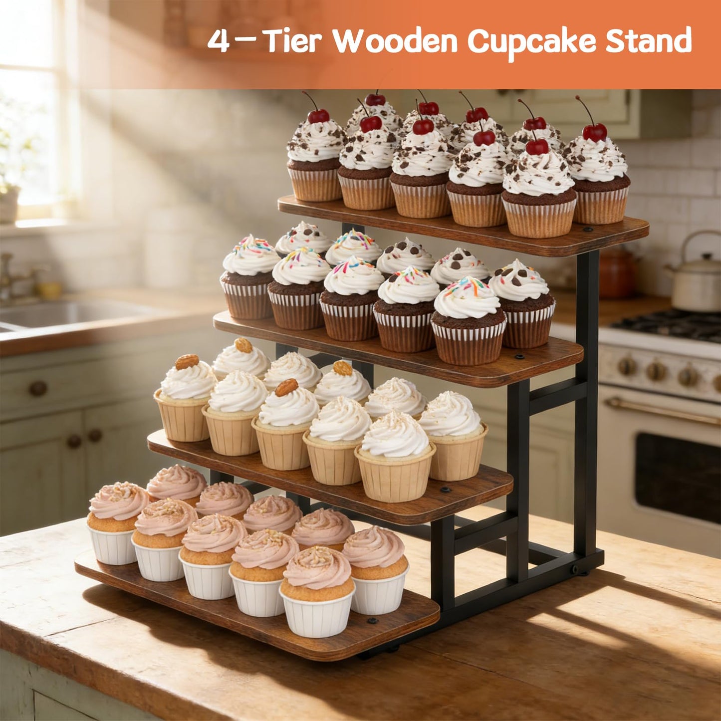 LZelriy Cupcake Stand, 4 Tier Cupcake Stand for 50 Cupcakes, Set of 2 Rustic Wood & Metal Dessert Table Display Stand, Stepped Cupcake Tower, Dessert Riser for Wedding, Party & Farmers Market