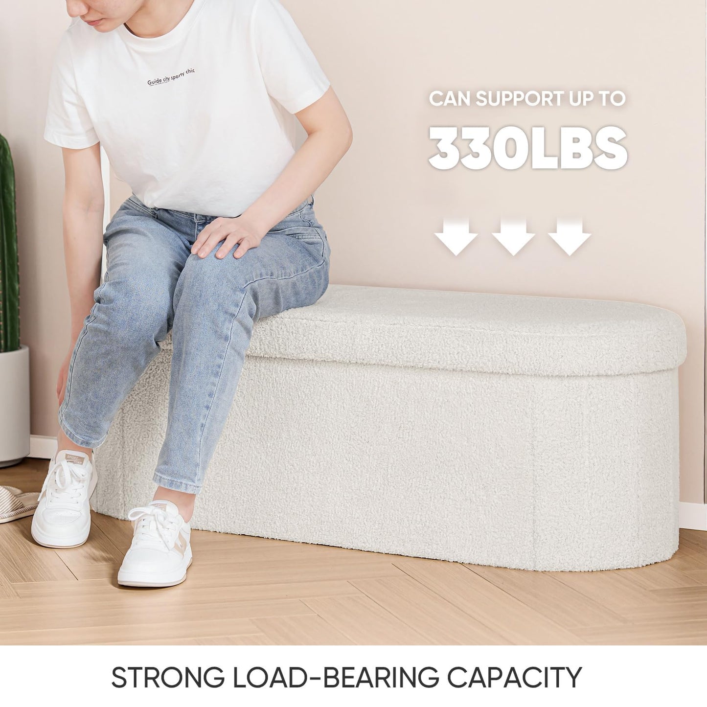 B FSOBEIIALEO Ottoman with Storage for Living Room, Sherpa Folding Storage Ottoman Foot Rest, 43.3 Inches Collapsible Bedroom Bench White Cream