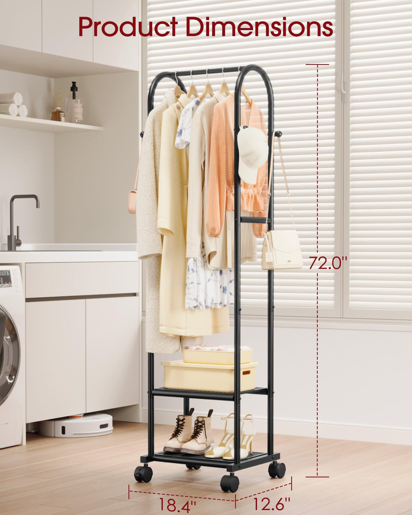 Sakugi Heavy Duty Premium Clothes Rack with 2-Tier Mesh Shoe Shelves & 4 Hooks, Lockable Wheels, Space-Saving, Multi-Functional for Bedroom, Entryway, Closet, Modern Design, 18.4" x 12.6" x 72", Black