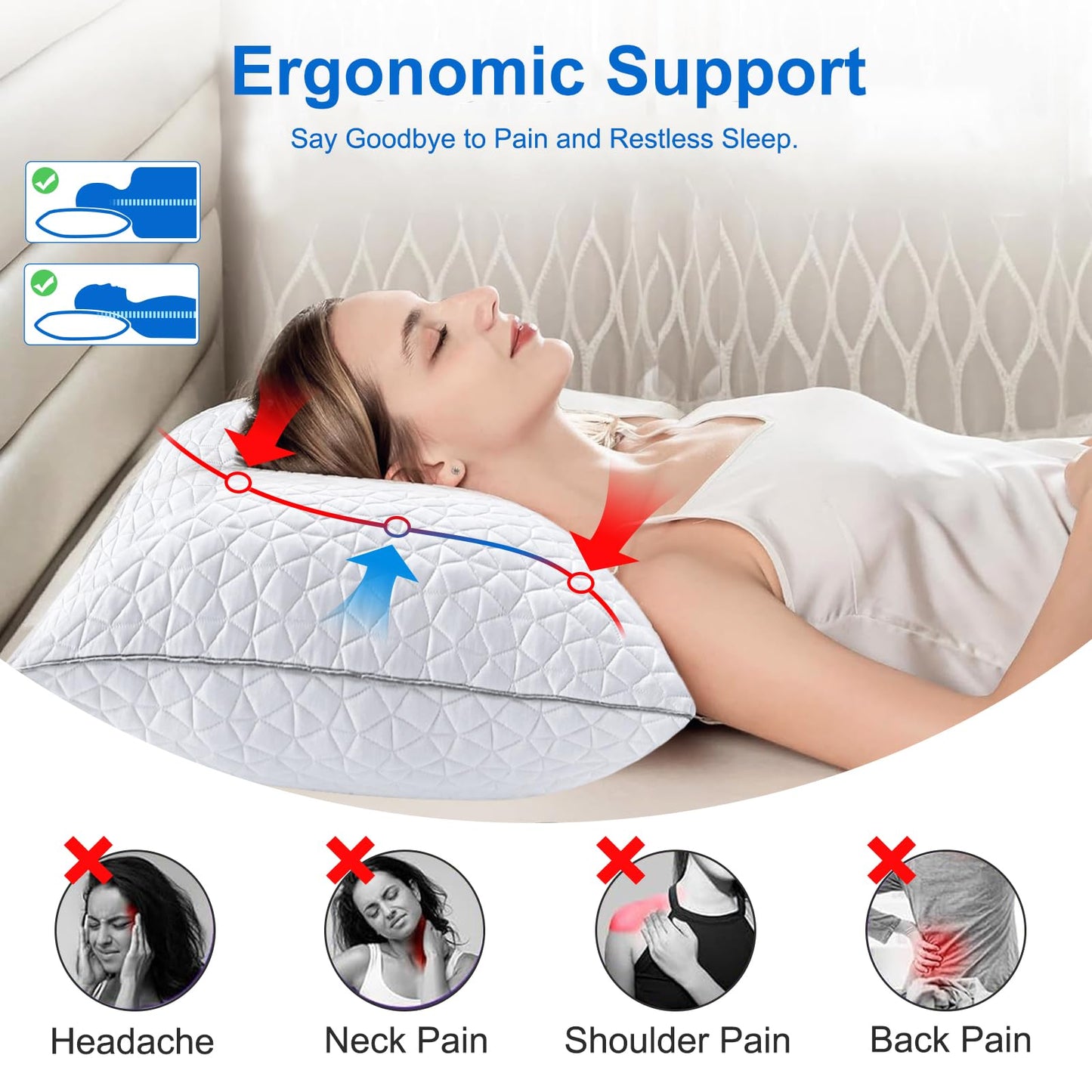 Cooling King Size Pillows Set of 2, Shredded Memory Foam Pillows, Adjustable Firm Bed Pillows Cool Cold Pillow for Hot Side Back Stomach Sleepers with Removable Washable Cover, 20" x 36", White