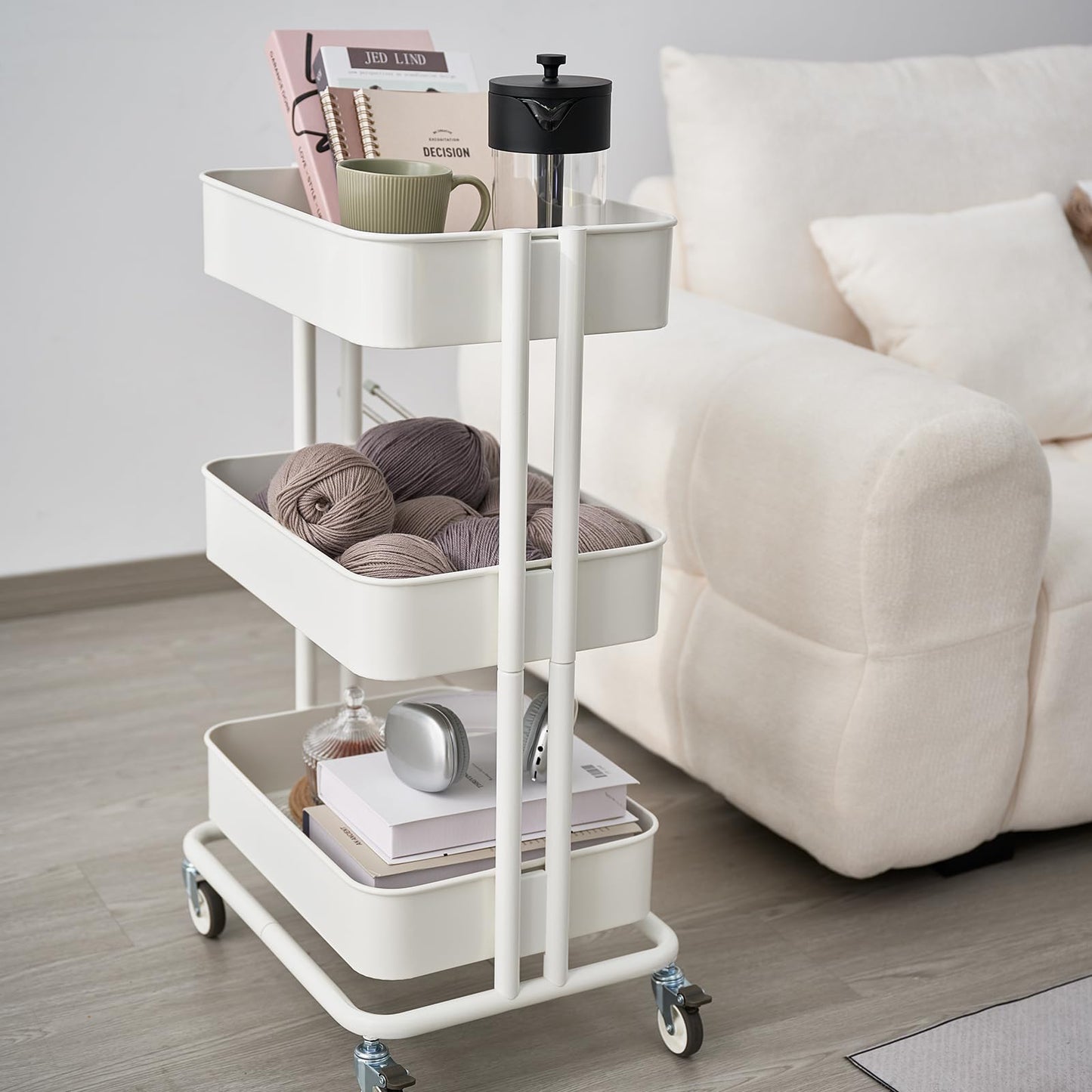CARTTECH 3 Tier Rolling Cart Metal Heavy Duty Utility Cart with Silent Caster Lockable Wheels Multi-Functional Organization Carts Storage Trolley with Mesh Shelves for Office Kitchen Living Room white