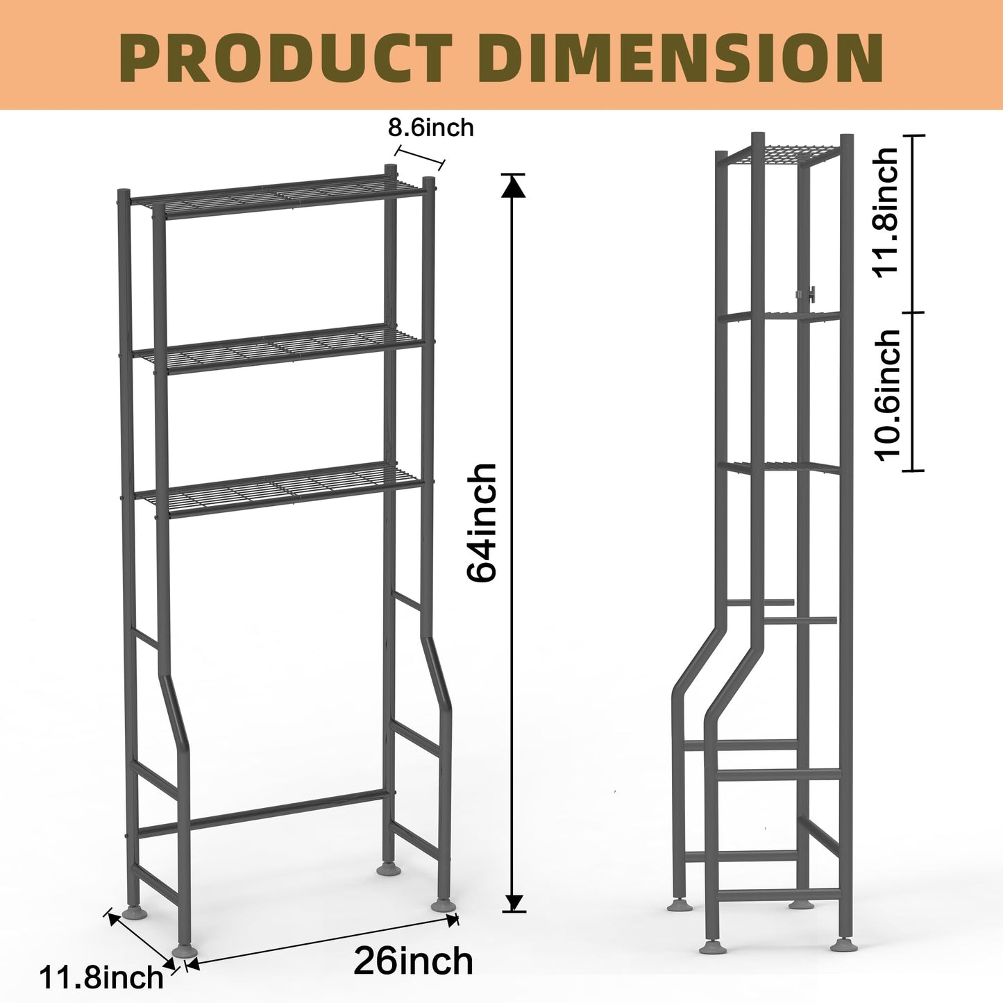 Livilord 3-Tier Over The Toilet Storage Rack, Space Saver Metal Bathroom Shelves, Freestanding Over Toilet Bathroom Organizer for Bathroom/Living Room, Black