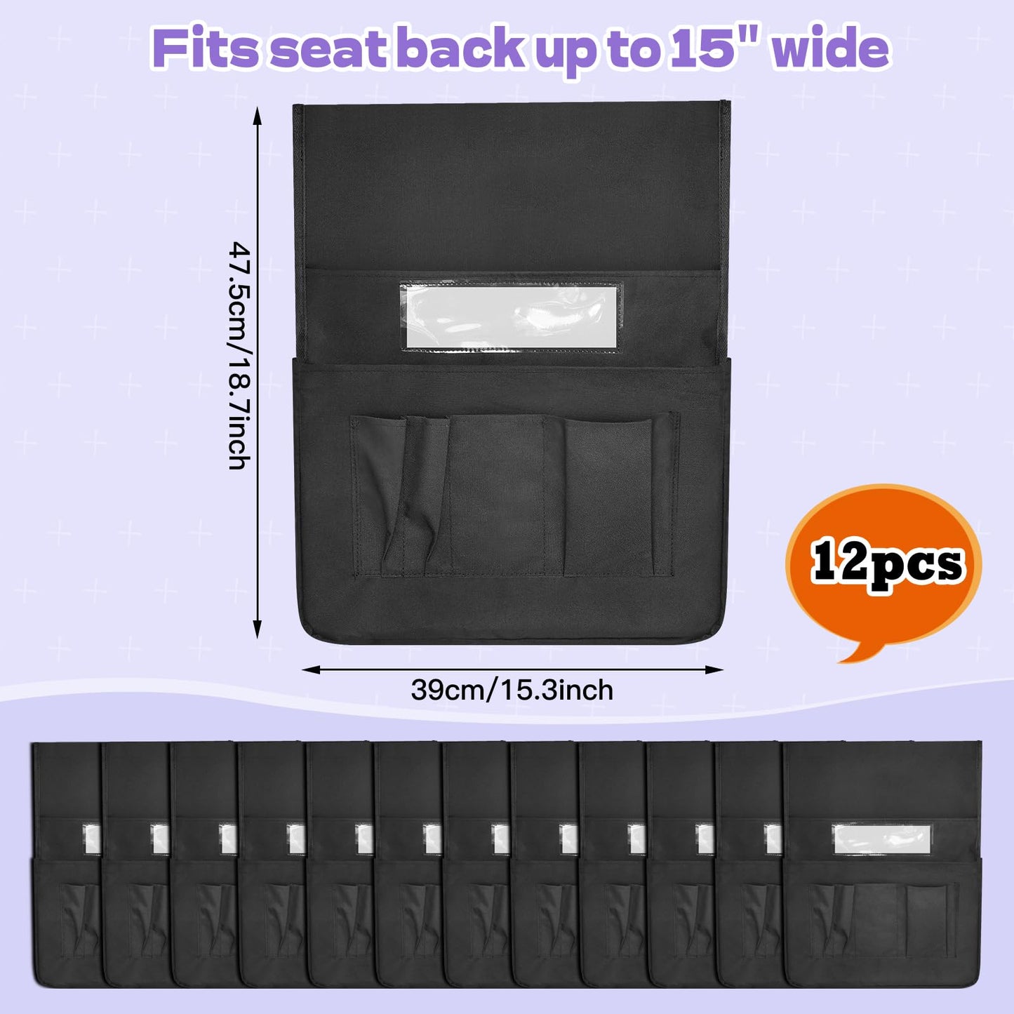 RSUARSUA Chair Pockets for Classroom 12 Pack 15 x 19 Inch Chairback Buddy Pocket Chart Seat Back Organizer Student Storage with Lable Slot for Classroom Kindergarten School Home (Black)