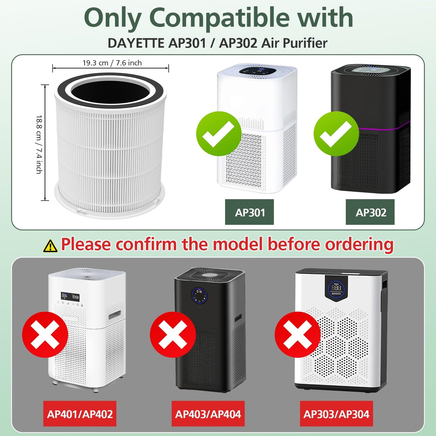 AP301 AP302 HEPA filter Replacement, ONLY for Dayette AP301 AP302 Air Purifier, NOT FOR AP401 AP402 Air Purifiers