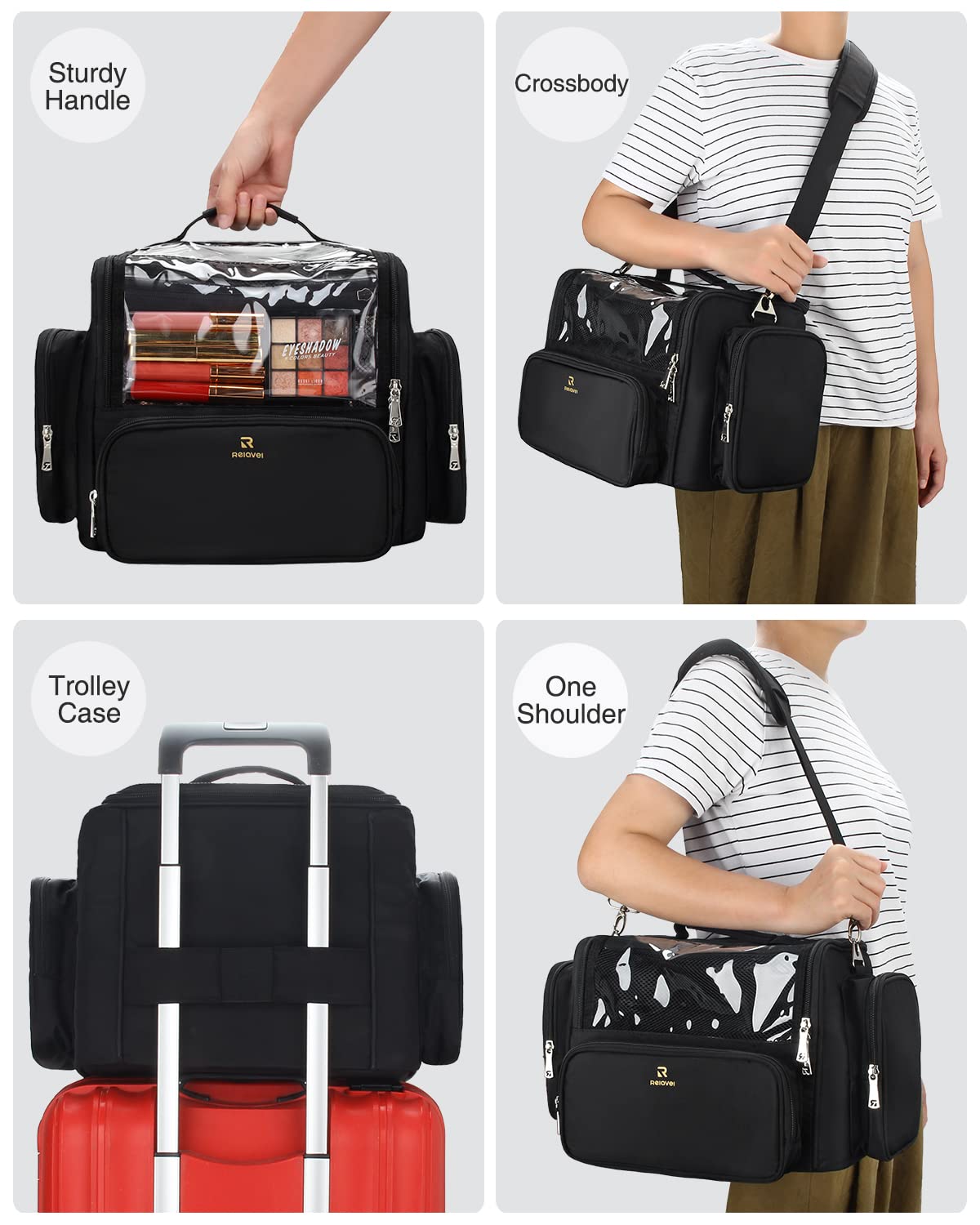 Makeup Brush Bag, Clear Makeup Brush Holder with Lid, Extra Large Capacity Travel Cosmetic Bag Makeup Artist Must Haves, Black Makeup Case, Make Up Organizers and Storage, with Adjustable Dividers