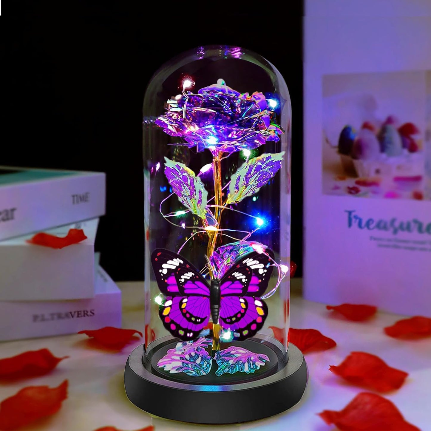 Fvawe Gifts for Women, Rose Glass Flowers Birthday Gifts for Women, Galaxy Crystal Light Up Rose Flowers in A Glass Dome with Butterfly, Mom Sister Wife Daughter Grandma Her Presents Purple