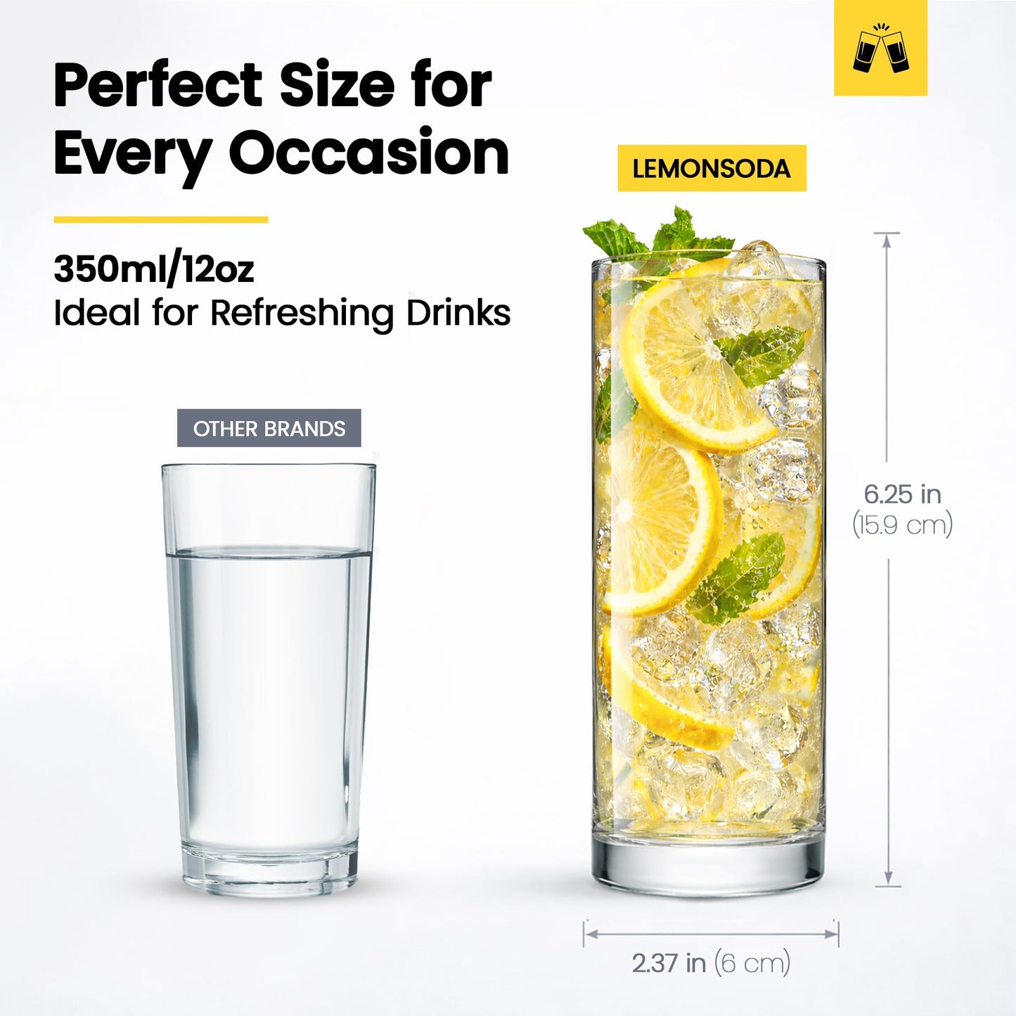 LEMONSODA Highball Glasses Set of 6 | 12oz Lead-Free Glass | Dishwasher Safe Sturdy Base | Clear Crystal Glass Tumblers for Mojito Whiskey Cocktail Bar Glassware Gift Box Included