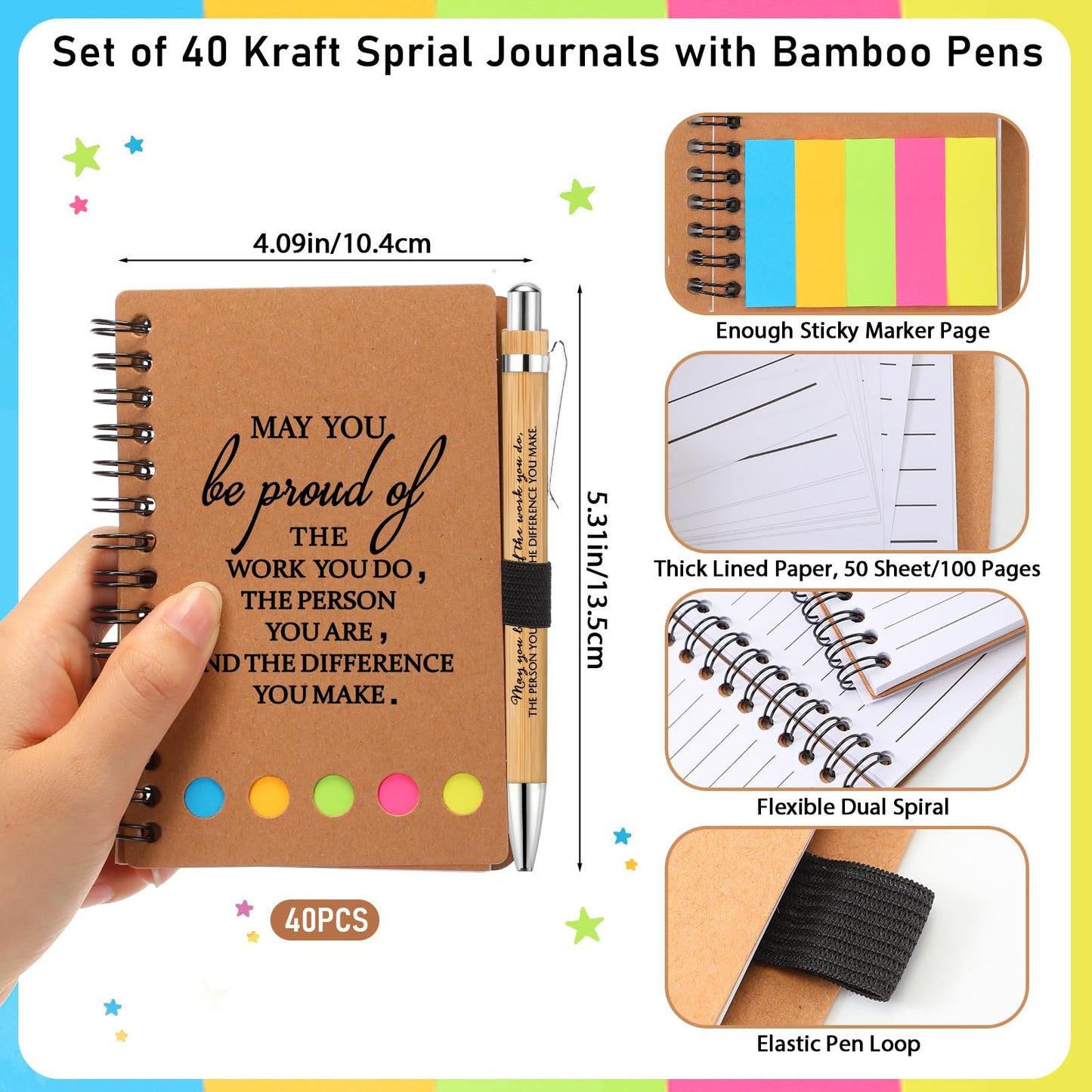 Chuangdi 40 Sets End of Year Teacher Appreciation Gifts Inspirational Spiral Notebook Journal with Sticky Notepad Motivational Pen Bulk Thank You Gifts for Coworker Team Office Supplies (Kraft)