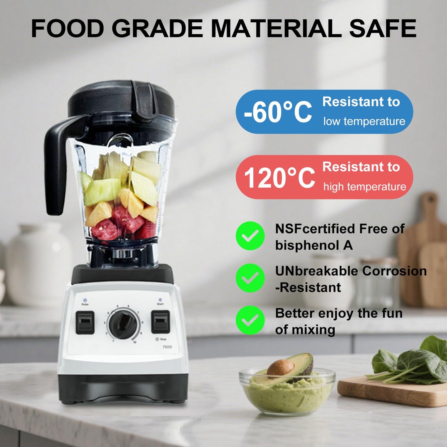 Blender Pitcher 64oz Low-Profile, Replacement Pitcher for 750 5200 7500 6300 Vm0103 Vm0197 E310 G/Classic C/Explorian/Commercial series etc