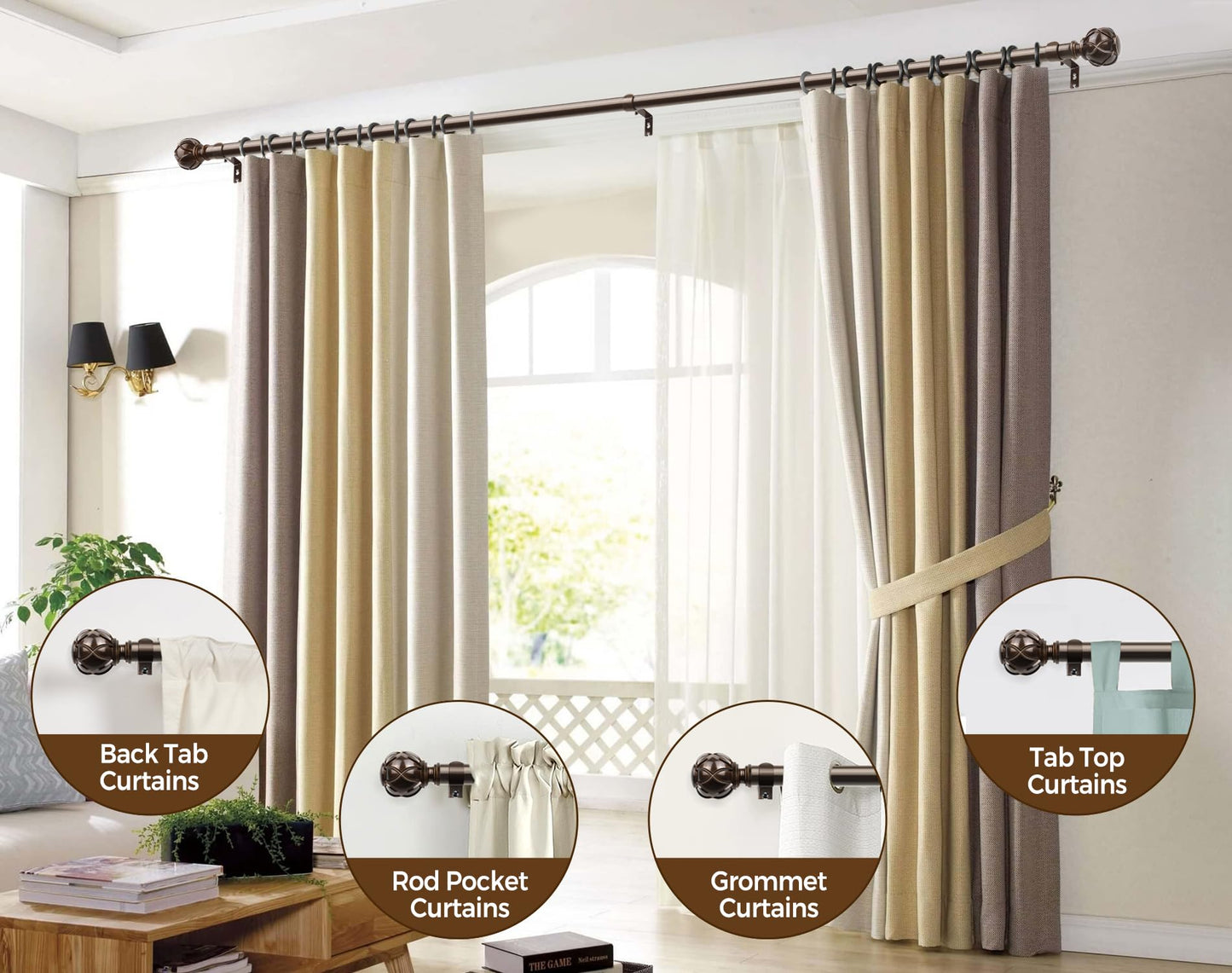 KAMANINA Curtain Rods for Windows 66 to 120 Inch, 7/8 Inch Antique Bronze Heavy Duty Curtain Rod 32 to 120 (2.6-10ft), Adjustable Decorative Drapery Rods with Netted Texture End