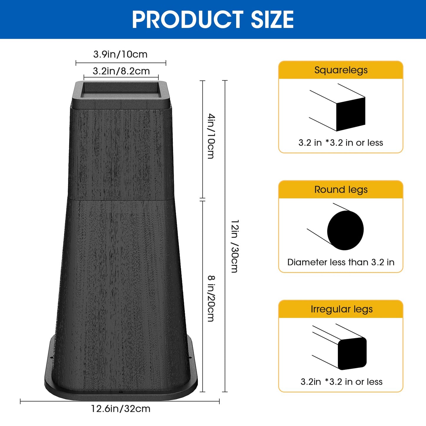 MYMULIKE Bed Risers 12 Inch Heavy Duty, Stackable Furniture Risers Lifts 4inch 8inch, 12inch for Table, Desk Leg, Sofa, Couch, Supports Up to 6,000 Lbs, Black, 4 Pack