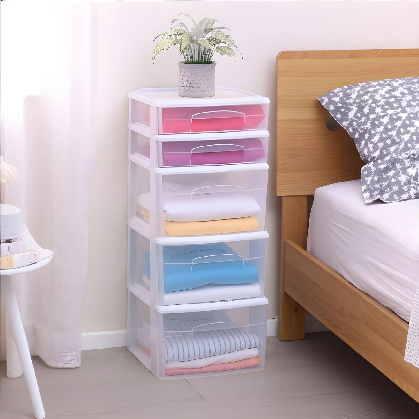 HOMZ 5-Drawer Storage Cart, Clear Plastic Drawers, 14.25" Wide Medium, White Frame - Organizing Drawer Containers for Home, Bathroom, Office, and Classroom