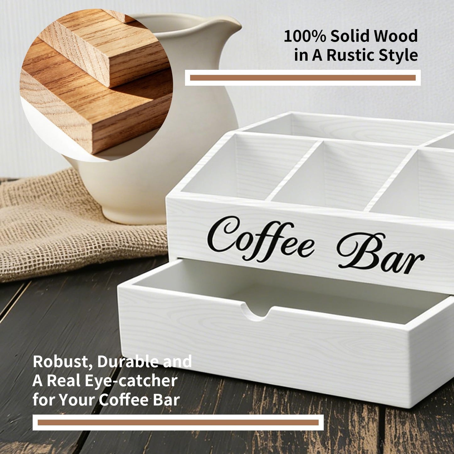Eastsign Coffee Bar Organizer for Countertop, 2-Tier Wooden Coffee Station Accessories Holder with Dust-Proof Drawer, 5 Storage Compartments for Syrups, Pods, Tea Bags and Cups, White