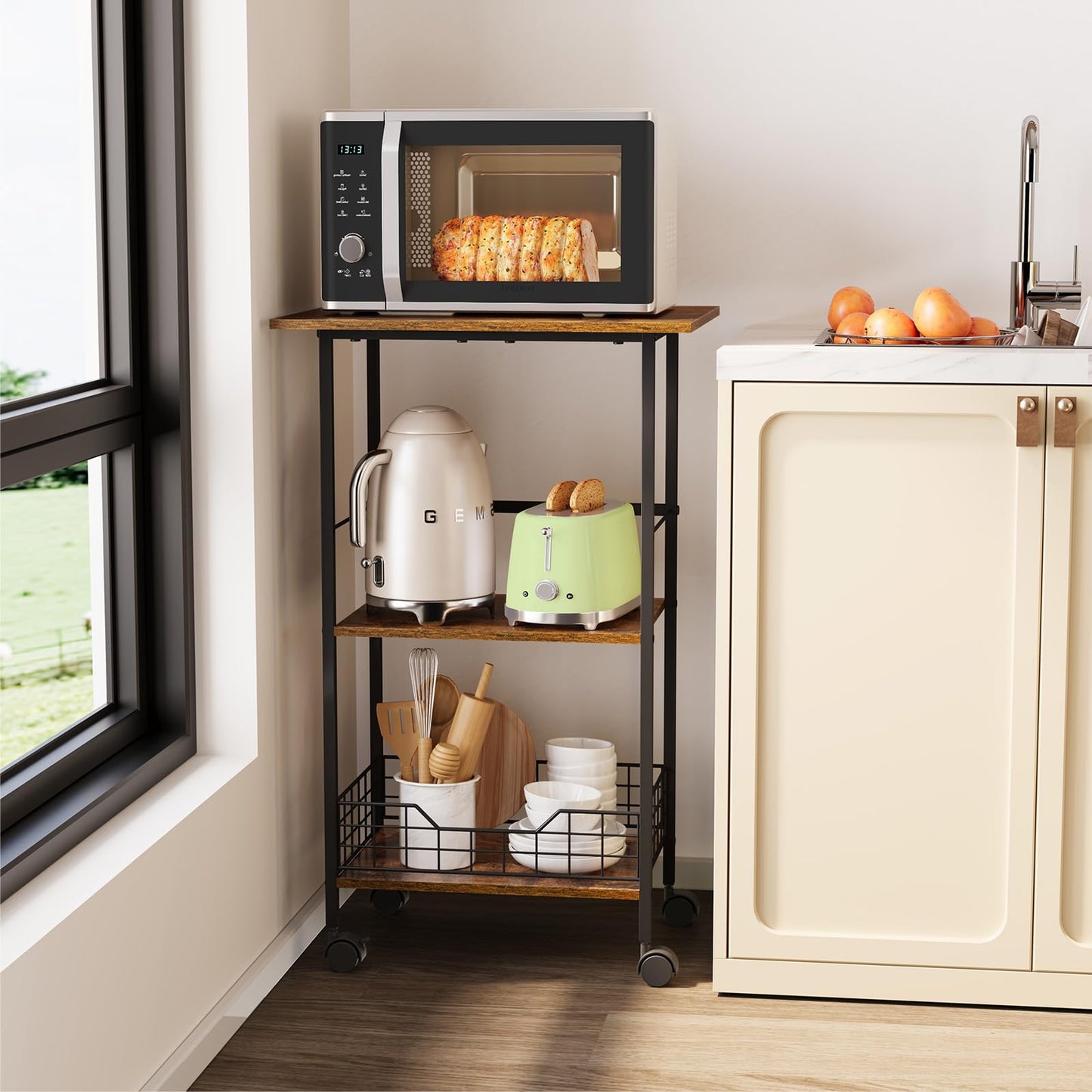 Microwave Stand with Storage, 3-Tier Rolling Kitchen Cart Table with Wire Basket, Wood and Metal Utility Cart on Wheels, Small Coffee Bar Station Cart As Kitchen Island, Microwave Shelf Organizer