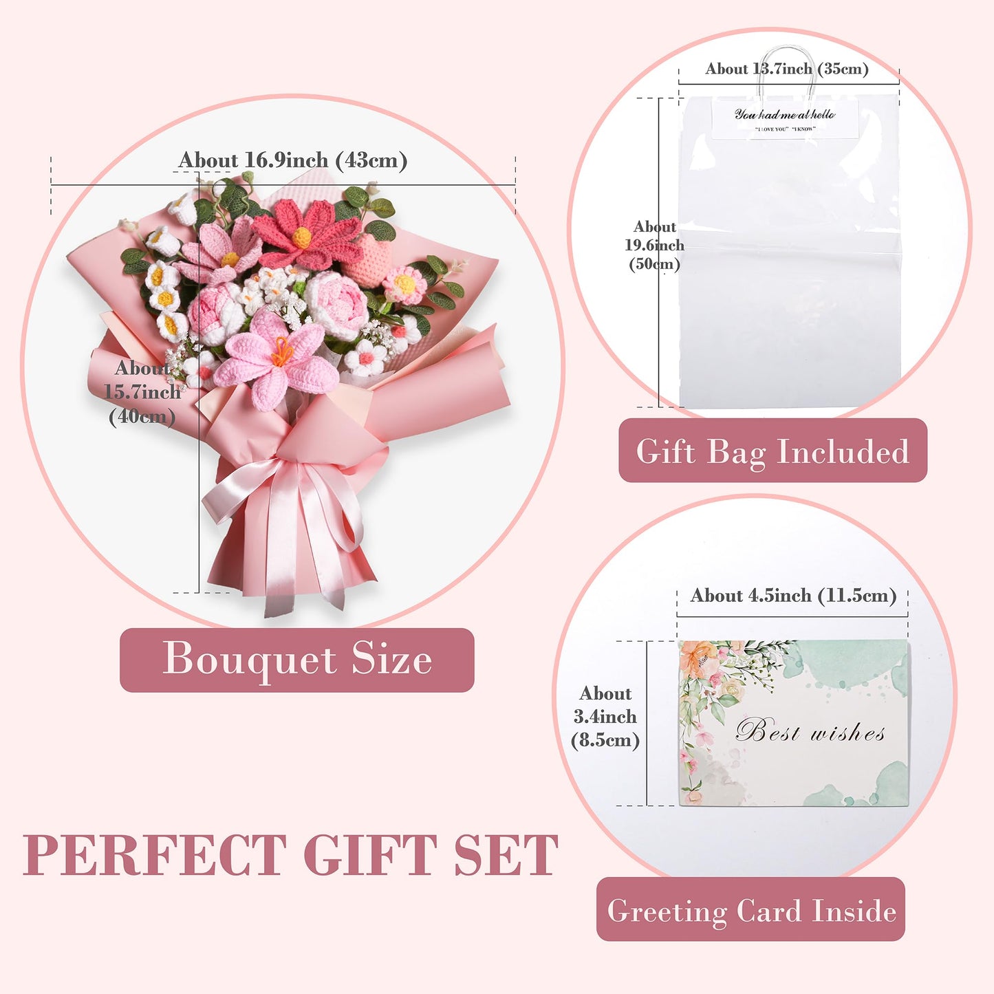 Crochet Flower Bouquet Premium Edition, Handmade Knitted Faux Crochet Flowers for Home Decor Valentine’s Day Anniversary Weddings Birthdays Mother’s Day, Includes Gift Bag and Greeting Card (Rose)