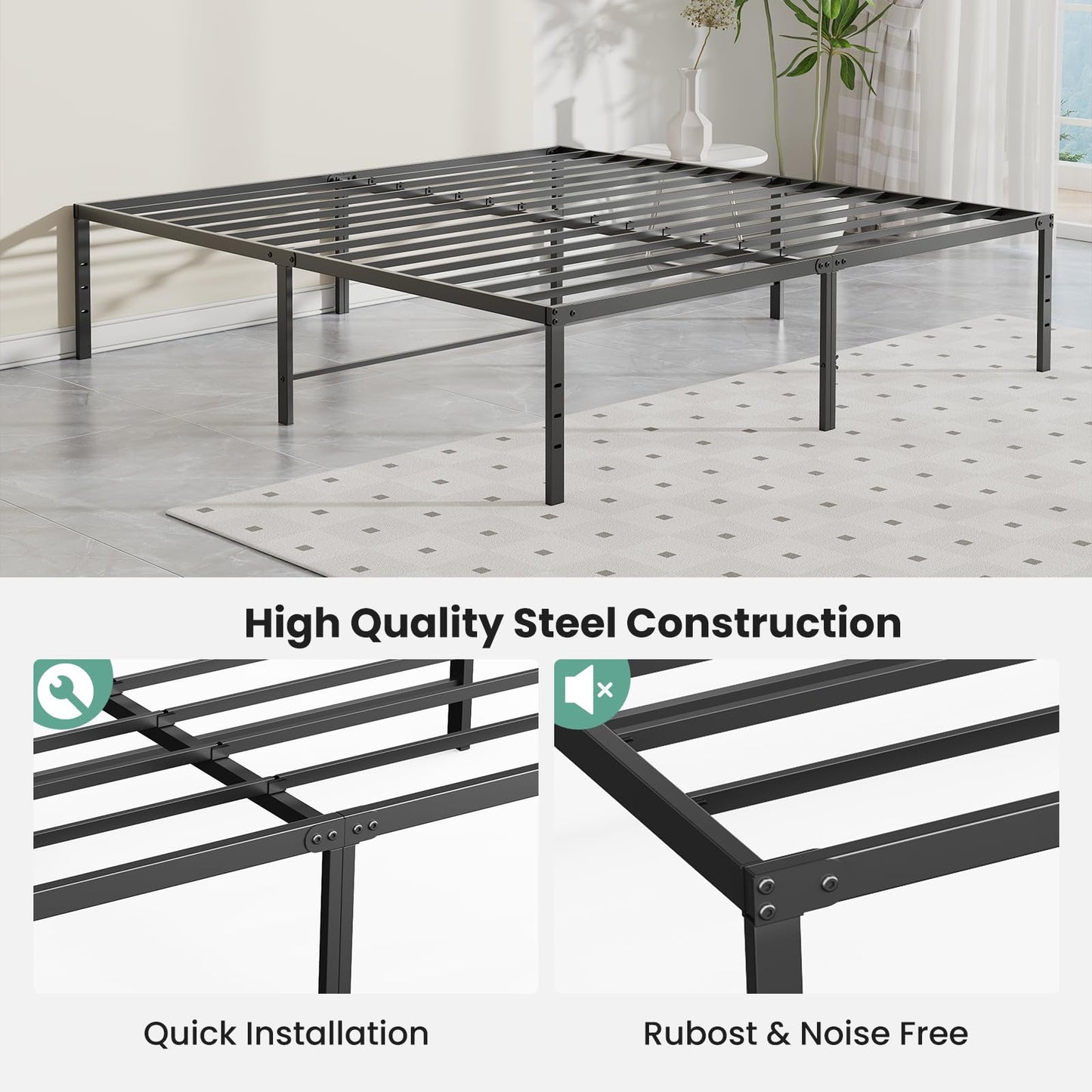 Sweetcrispy Full Size 18 Inch Platform Bed Frame, Heavy Duty Metal Foundation Frame, Noise-Free Sturdy Steel Slats, Underbed Storage, No Box Spring Needed, Quick Setup